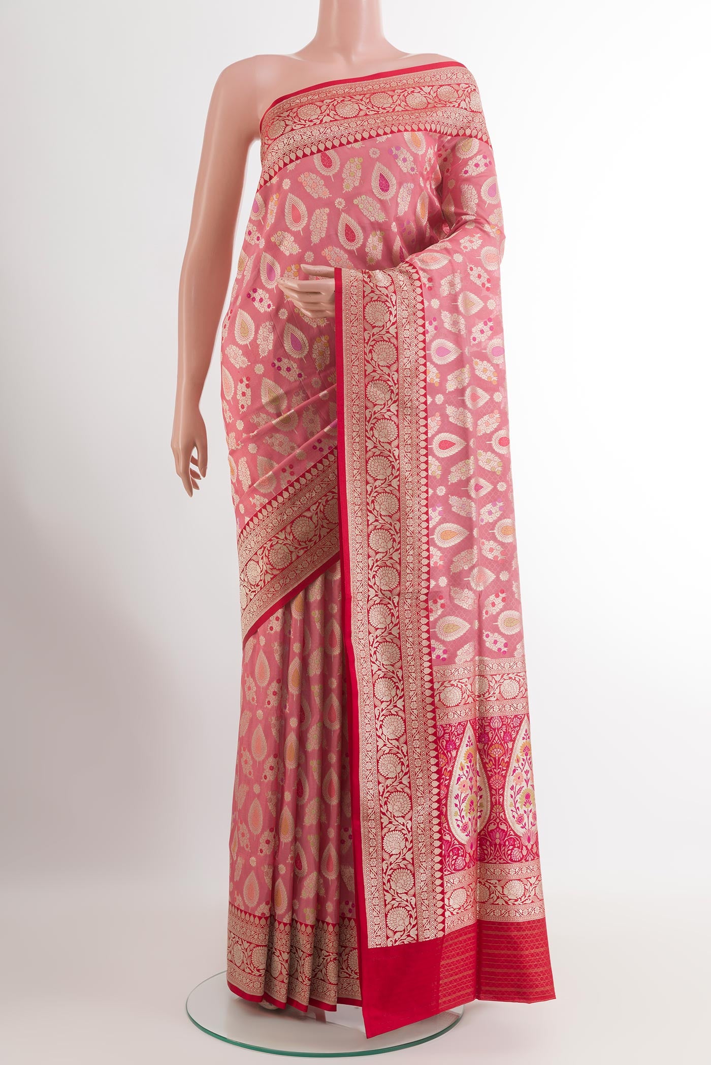Pink Banarasi Silk Saree with Zari Brocade on the body and Zari Border.  displayed on a mannequin