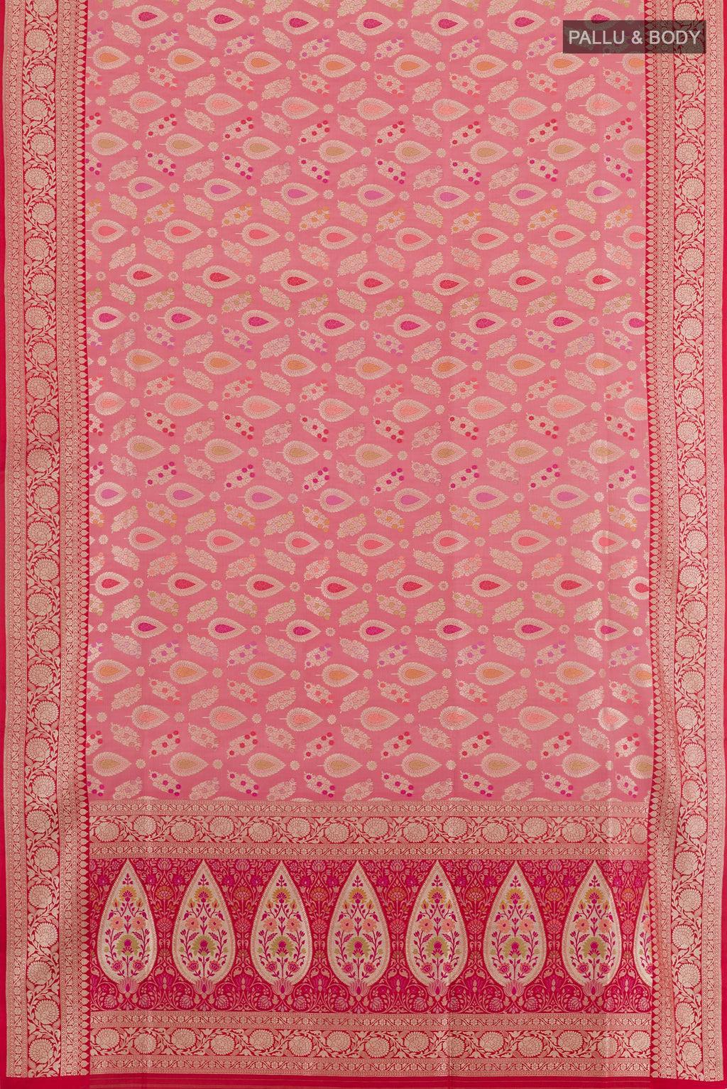 Flat view of Pink Banarasi Silk Saree with Zari Brocade on the body and Zari Border. 