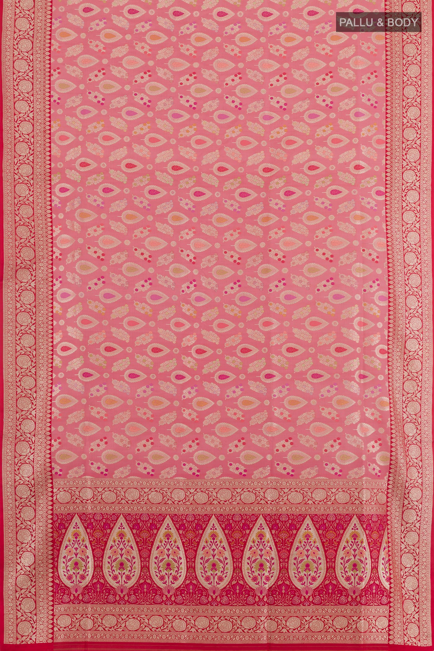 Flat view of Pink Banarasi Silk Saree with Zari Brocade on the body and Zari Border. 