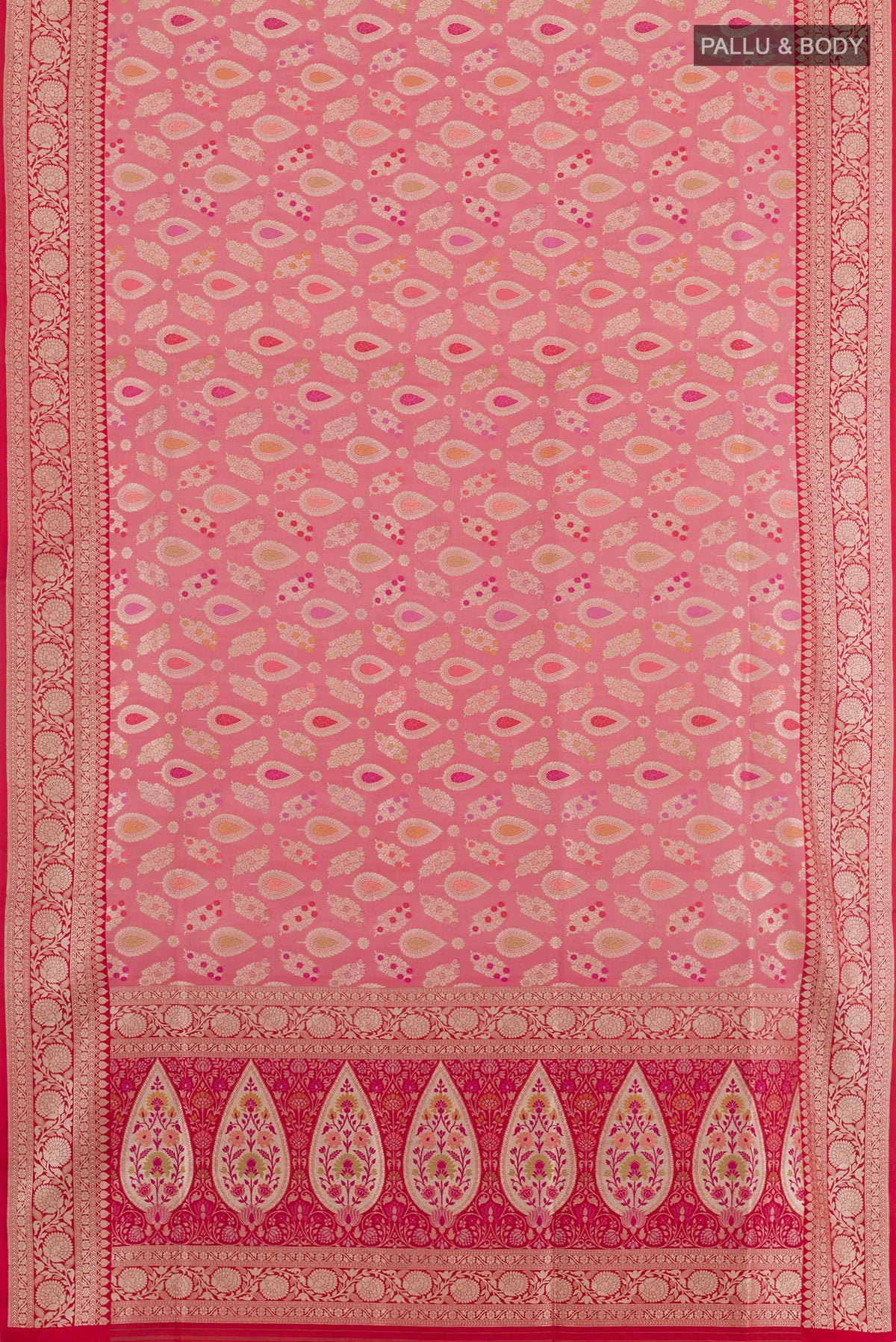Flat view of Pink Banarasi Silk Saree with Zari Brocade on the body and Zari Border. 