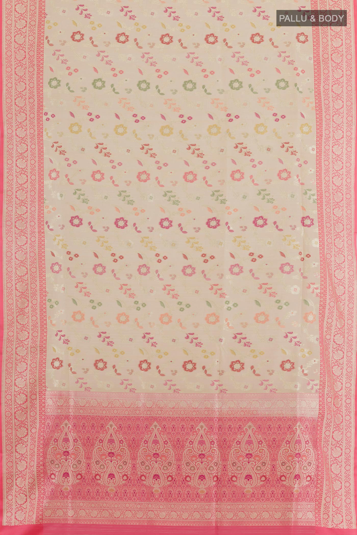 Flat view of Off White Banarasi Silk Saree with Zari Brocade on the body and Zari Border. 