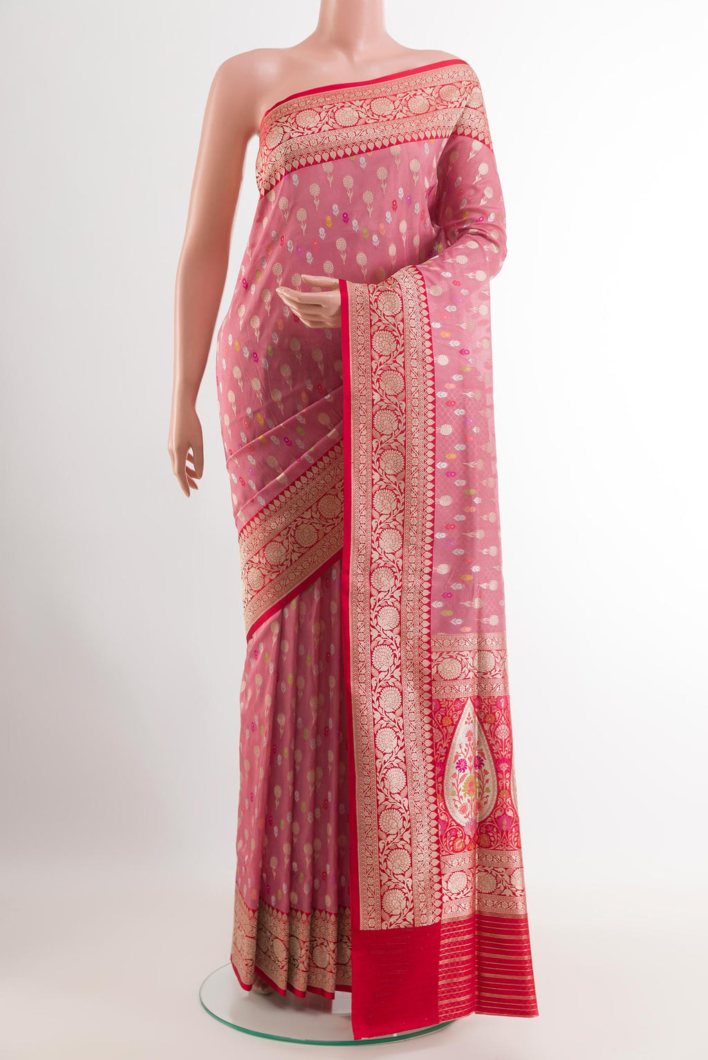 Pink Banarasi Silk Saree with Zari Butta on the body and Zari Border.  displayed on a mannequin