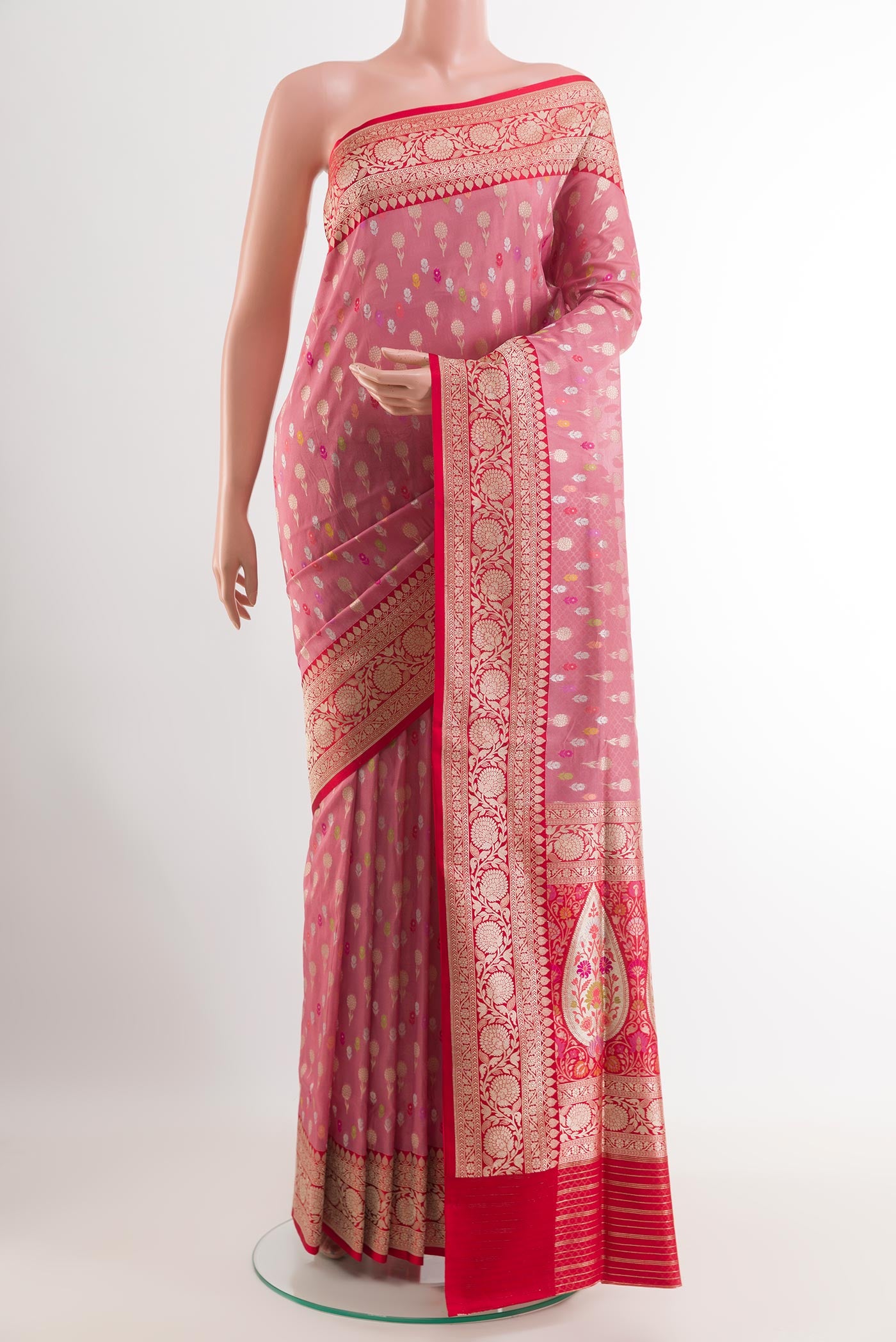 Pink Banarasi Silk Saree with Zari Butta on the body and Zari Border.  displayed on a mannequin