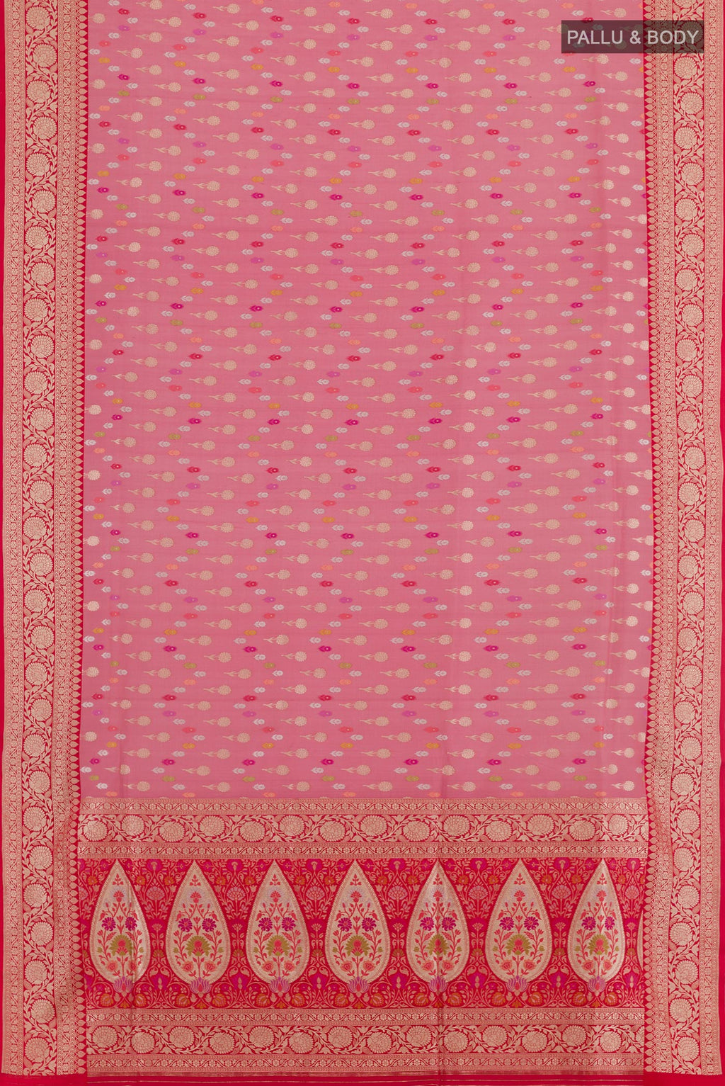 Flat view of Pink Banarasi Silk Saree with Zari Butta on the body and Zari Border. 