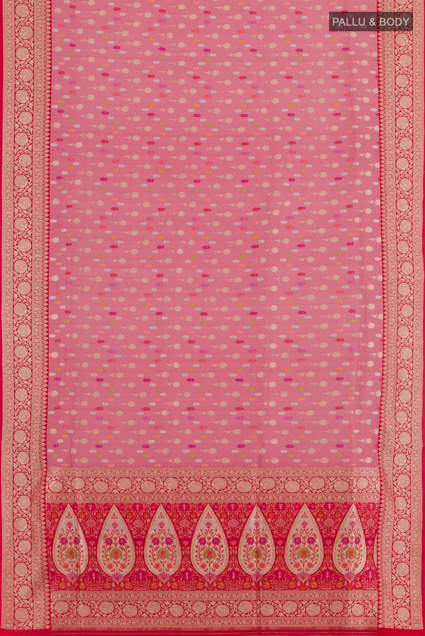 Flat view of Pink Banarasi Silk Saree with Zari Butta on the body and Zari Border. 