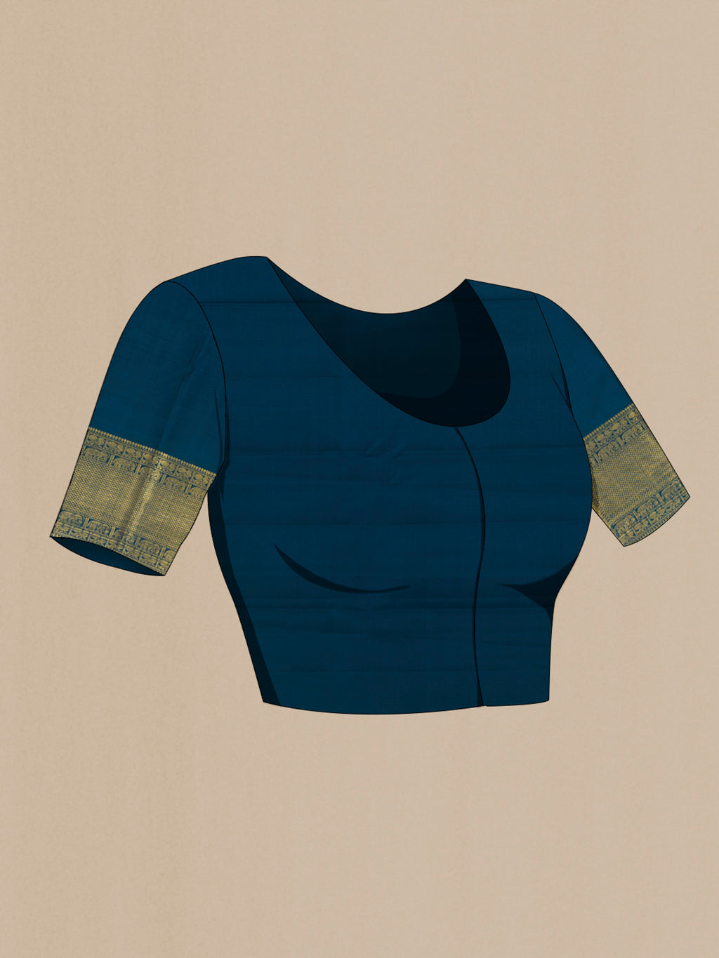 Close up image of the blouse of Pure Silk Blue Kanjivaram Saree with Plain Body and Zari Border. 