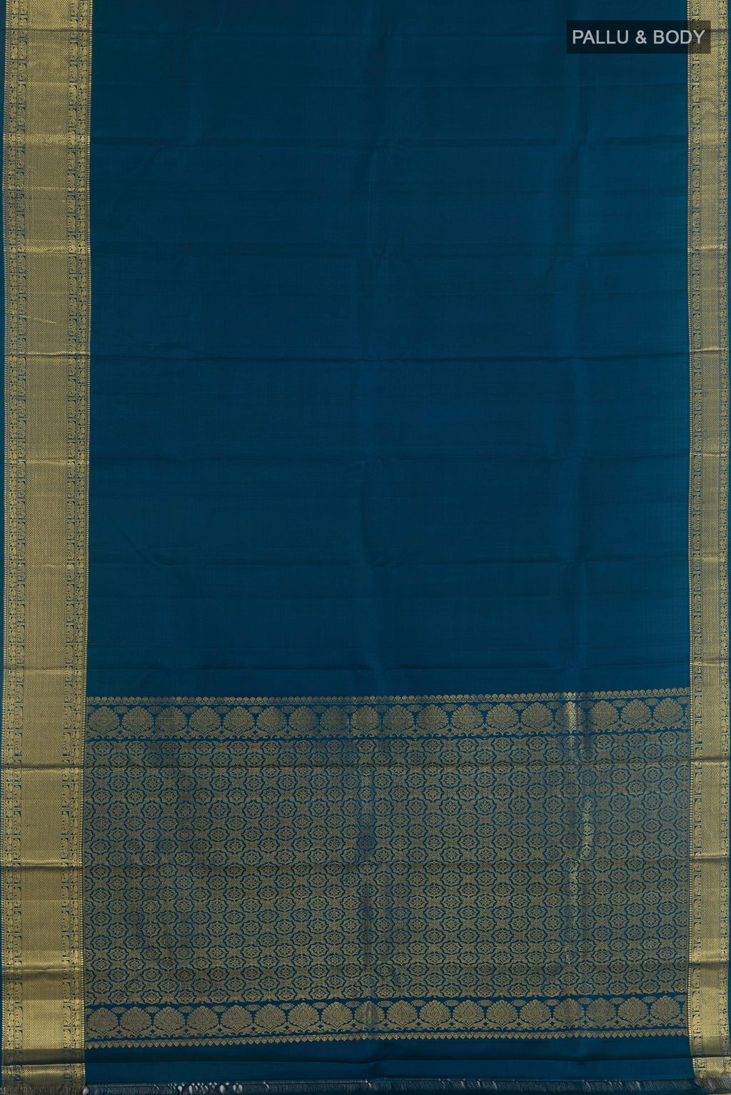 Flat view of Pure Silk Blue Kanjivaram Saree with Plain Body and Zari Border. 