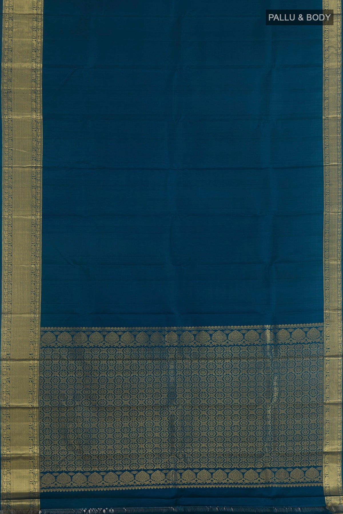 Flat view of Pure Silk Blue Kanjivaram Saree with Plain Body and Zari Border. 