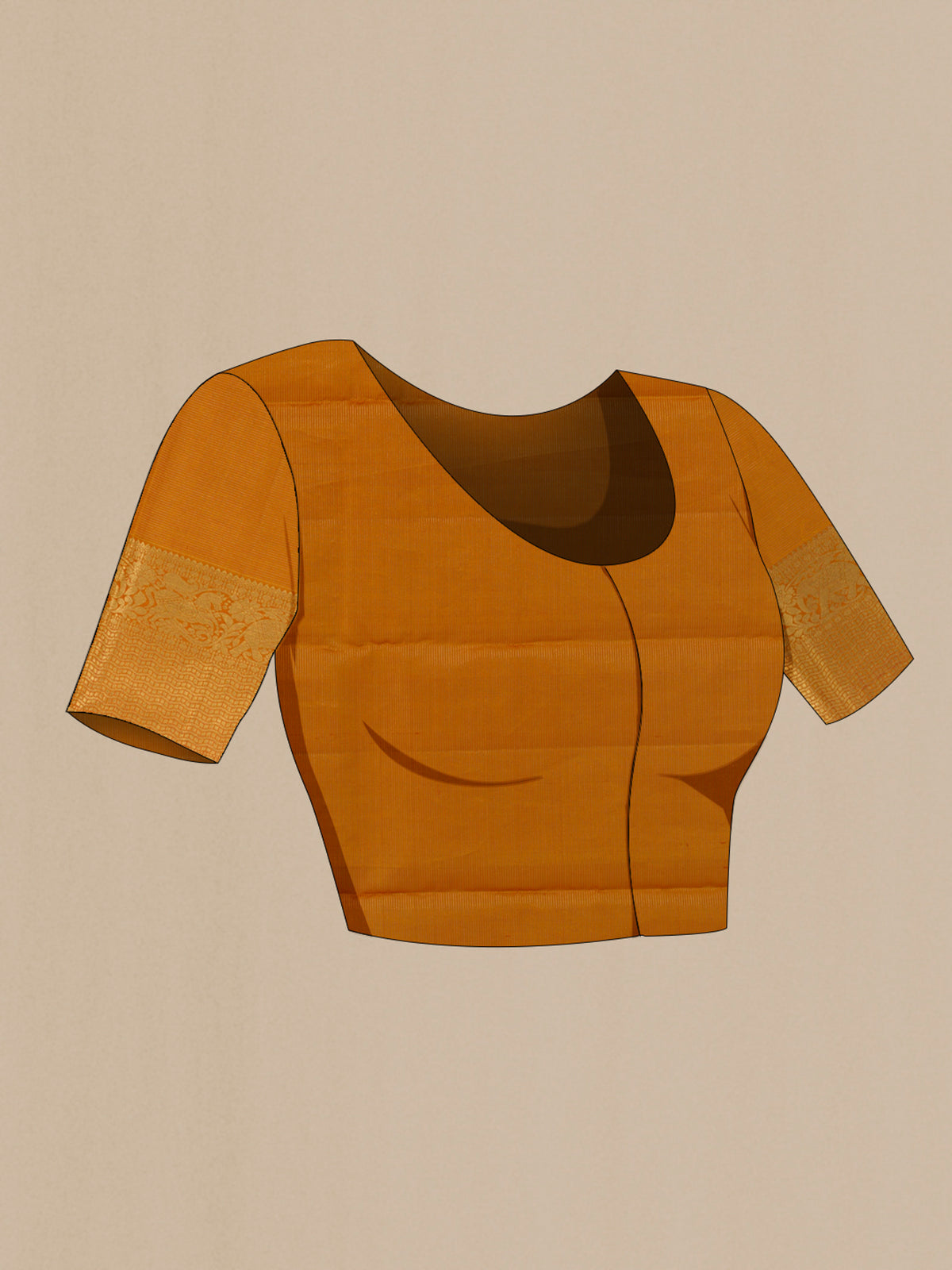 Close up image of the blouse of Pure Silk Mustard Kanjivaram Saree with Zari Butta on the body and Zari Border. 