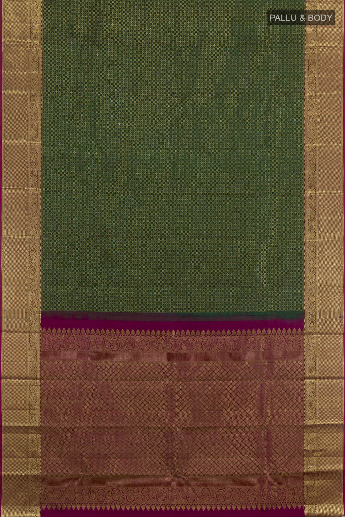 Flat view of Green Kanjivaram Silk Saree with Zari Brocade on the body and Zari Border. 