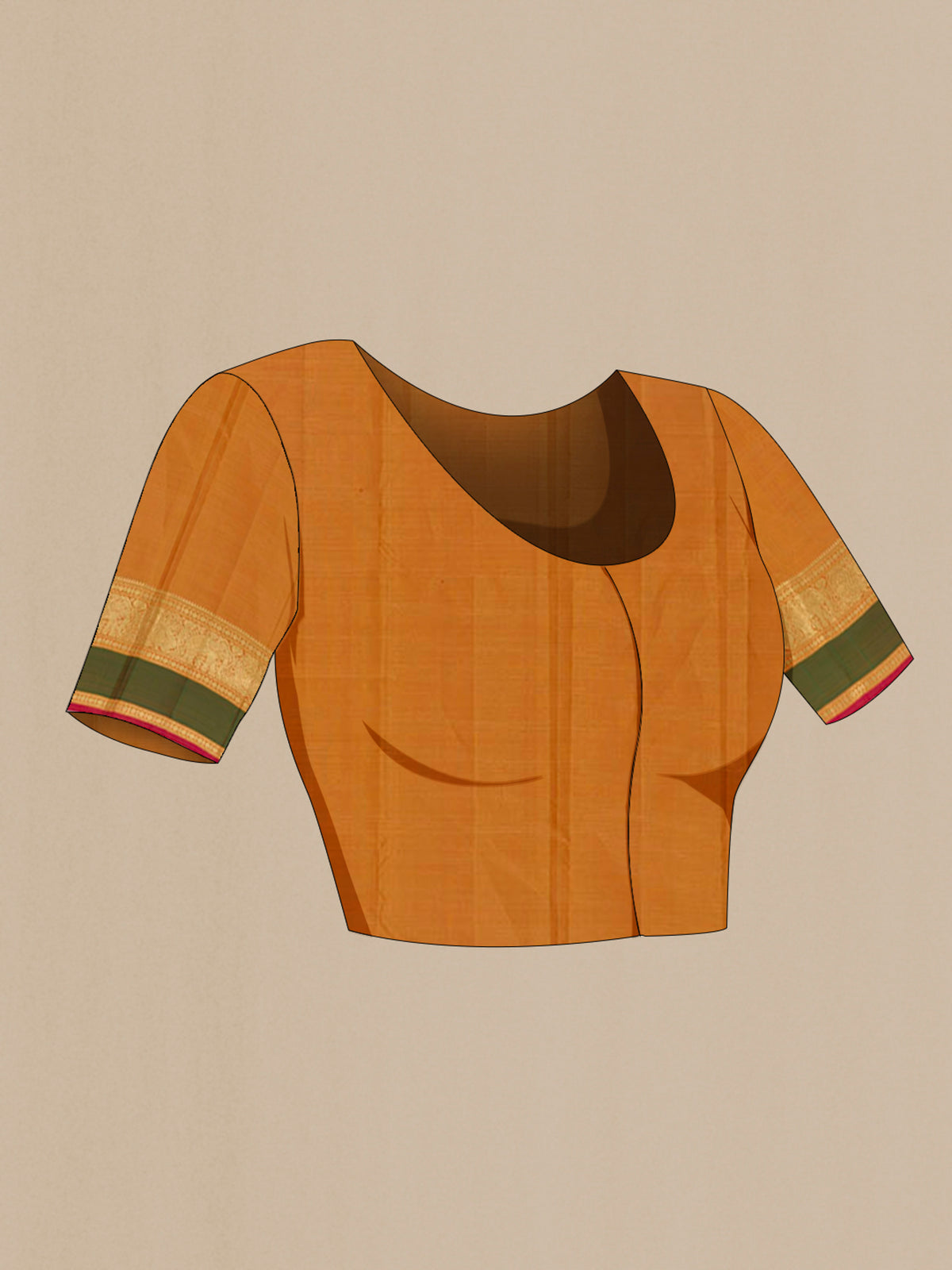 Close up image of the blouse of Mustard Kanjivaram Silk Saree with Zari Butta on the body and Zari Border. 