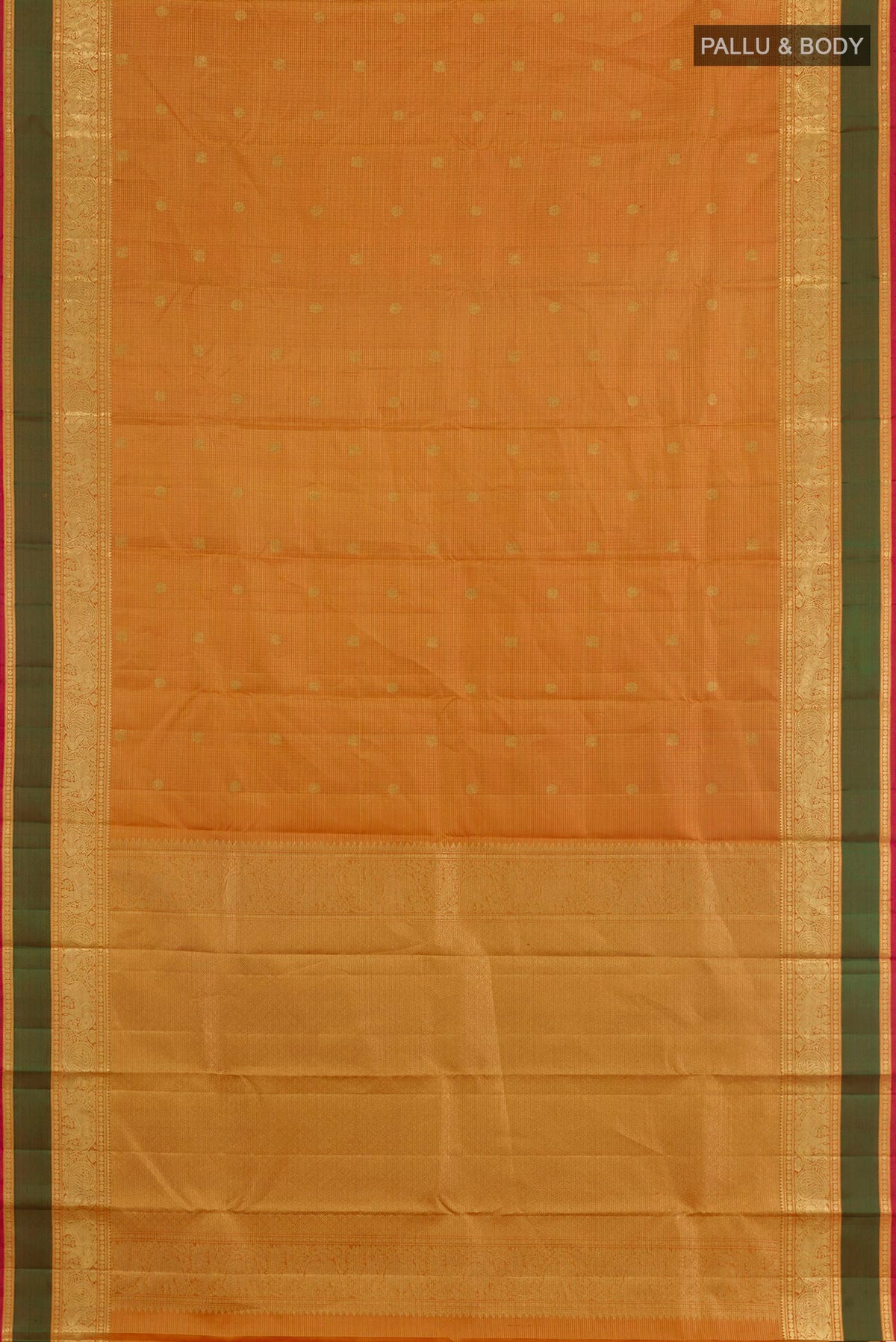 Flat view of Mustard Kanjivaram Silk Saree with Zari Butta on the body and Zari Border. 