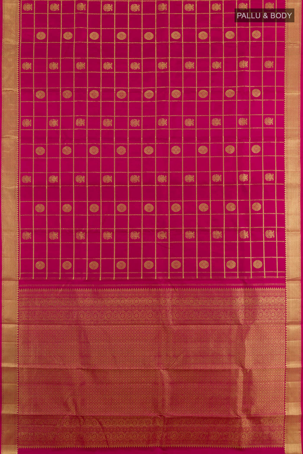 Flat view of Pink Kanjivaram Silk Saree with Checked design on the body and Zari Border. 