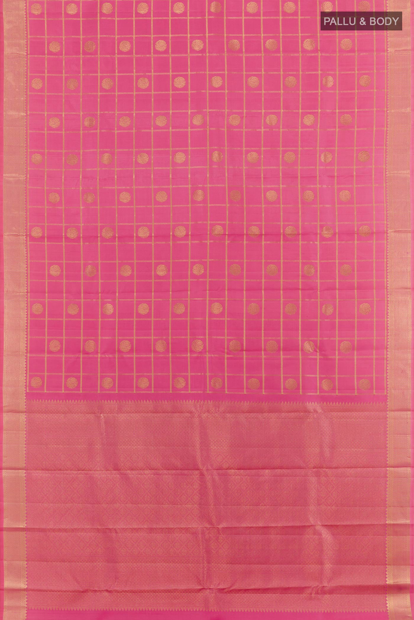 Flat view of Pink Kanjivaram Silk Saree with Zari Butta on the body and Zari Border. 