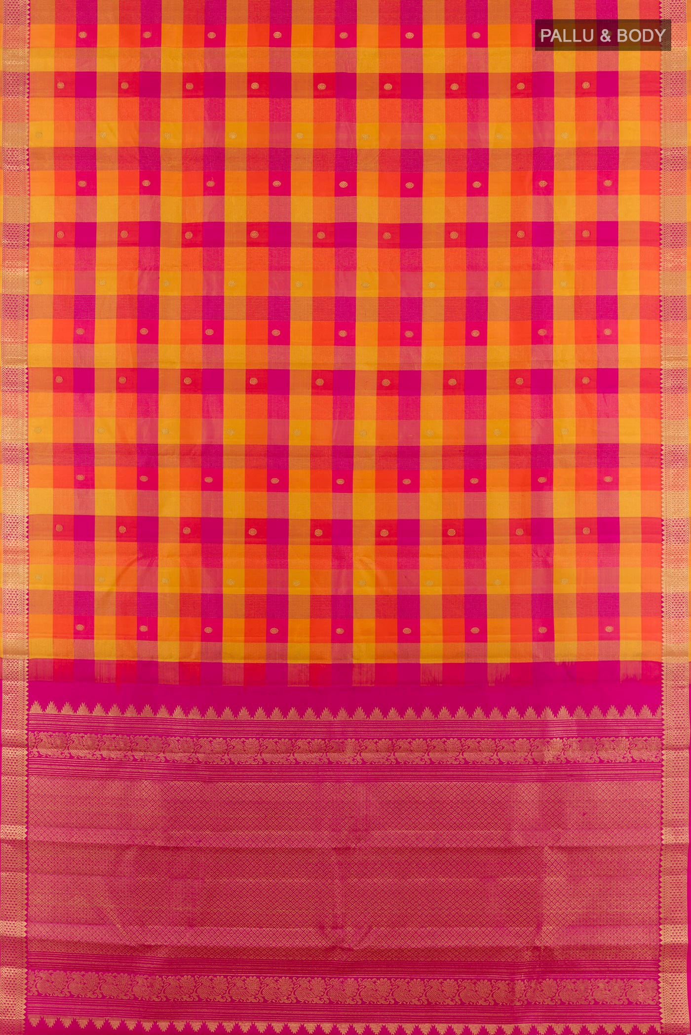 Flat view of Multi Color Kanjivaram Silk Saree with Zari Butta on the body and Zari Border. 