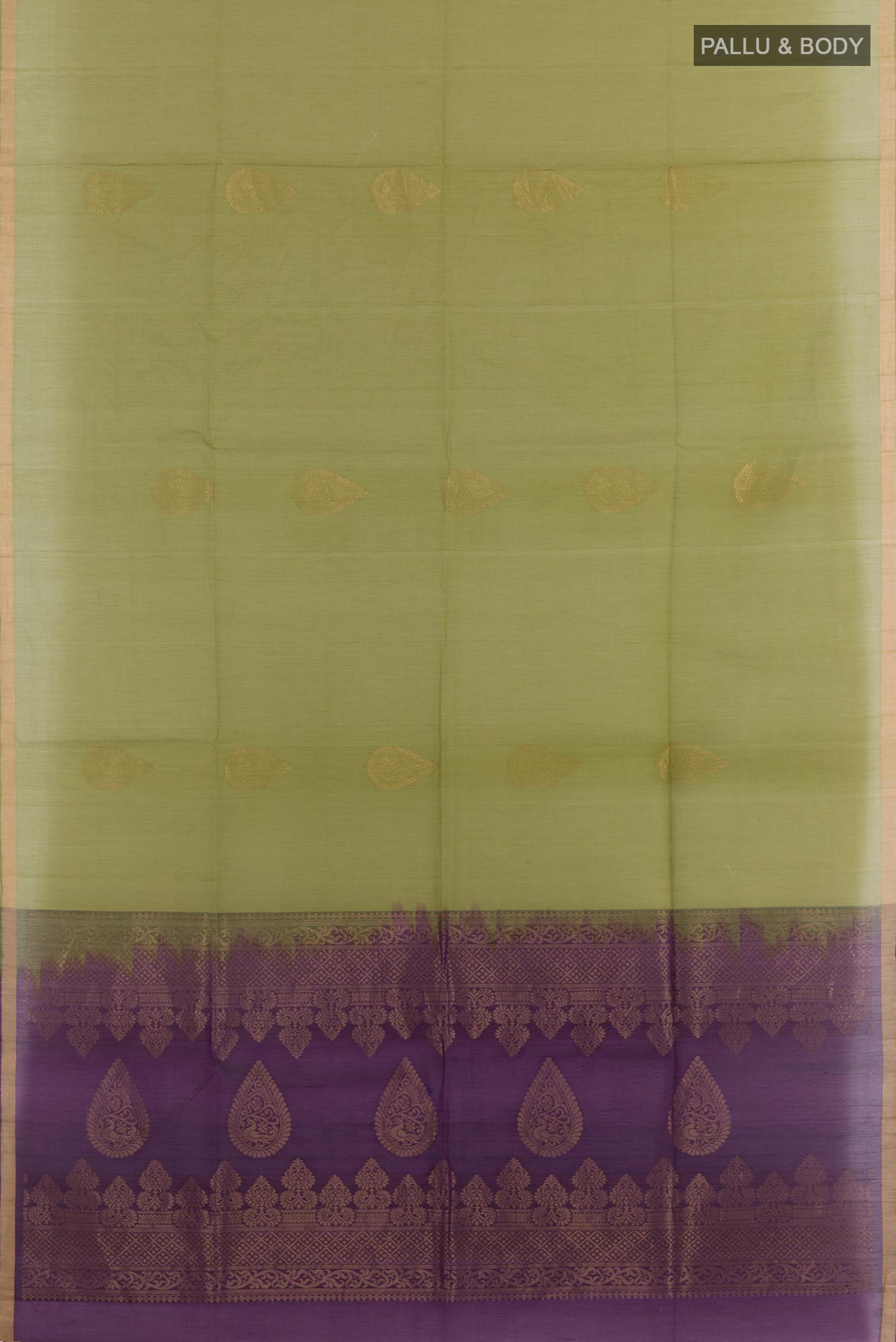 Flat view of Green Blended Kora Cotton Saree with Zari Butta on the body and Zari Border. 