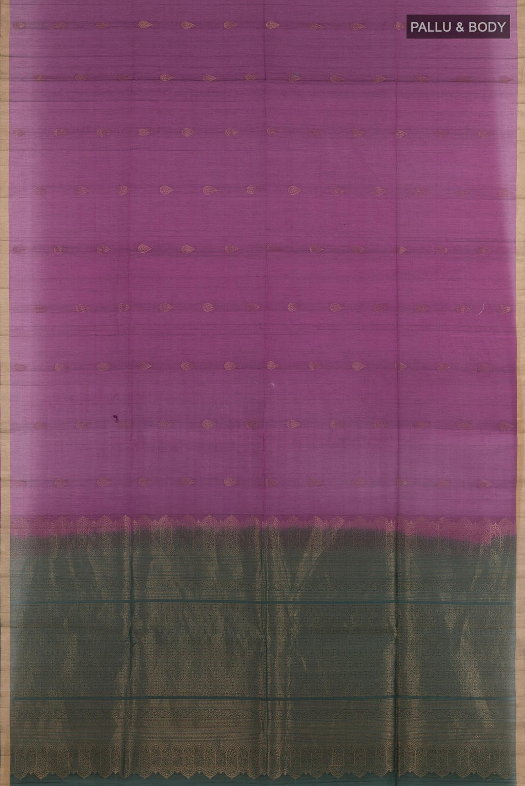 Flat view of Purple Blended Kora Cotton Saree with Zari Butta on the body and Zari Border. 