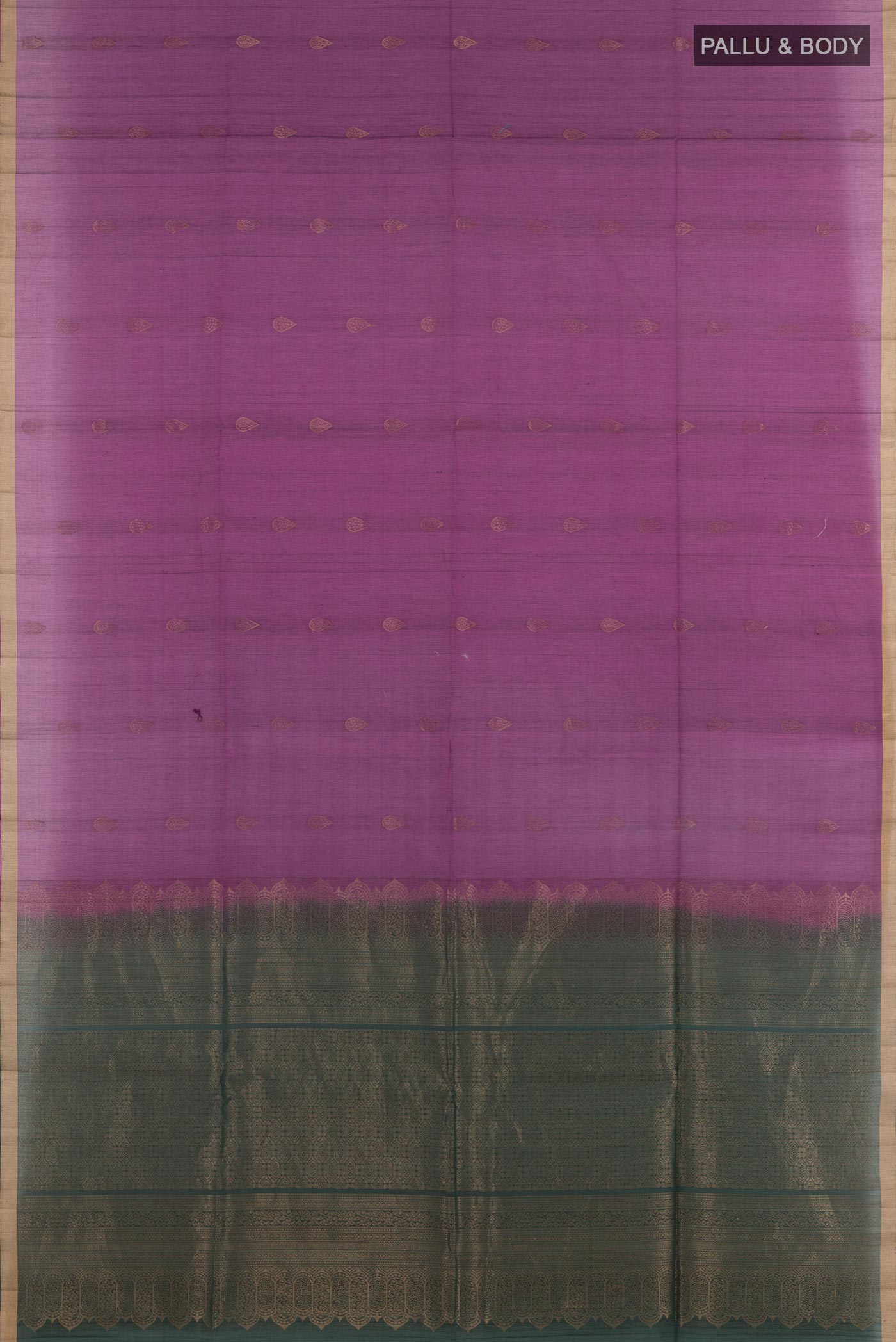 Flat view of Purple Blended Kora Cotton Saree with Zari Butta on the body and Zari Border. 