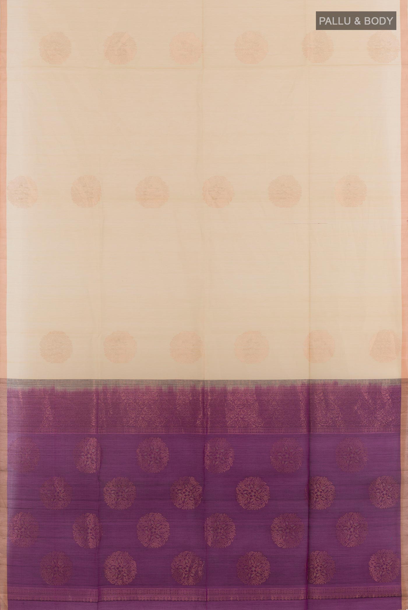Flat view of Cream Blended Kora Cotton Saree with Zari Butta on the body and Zari Border. 