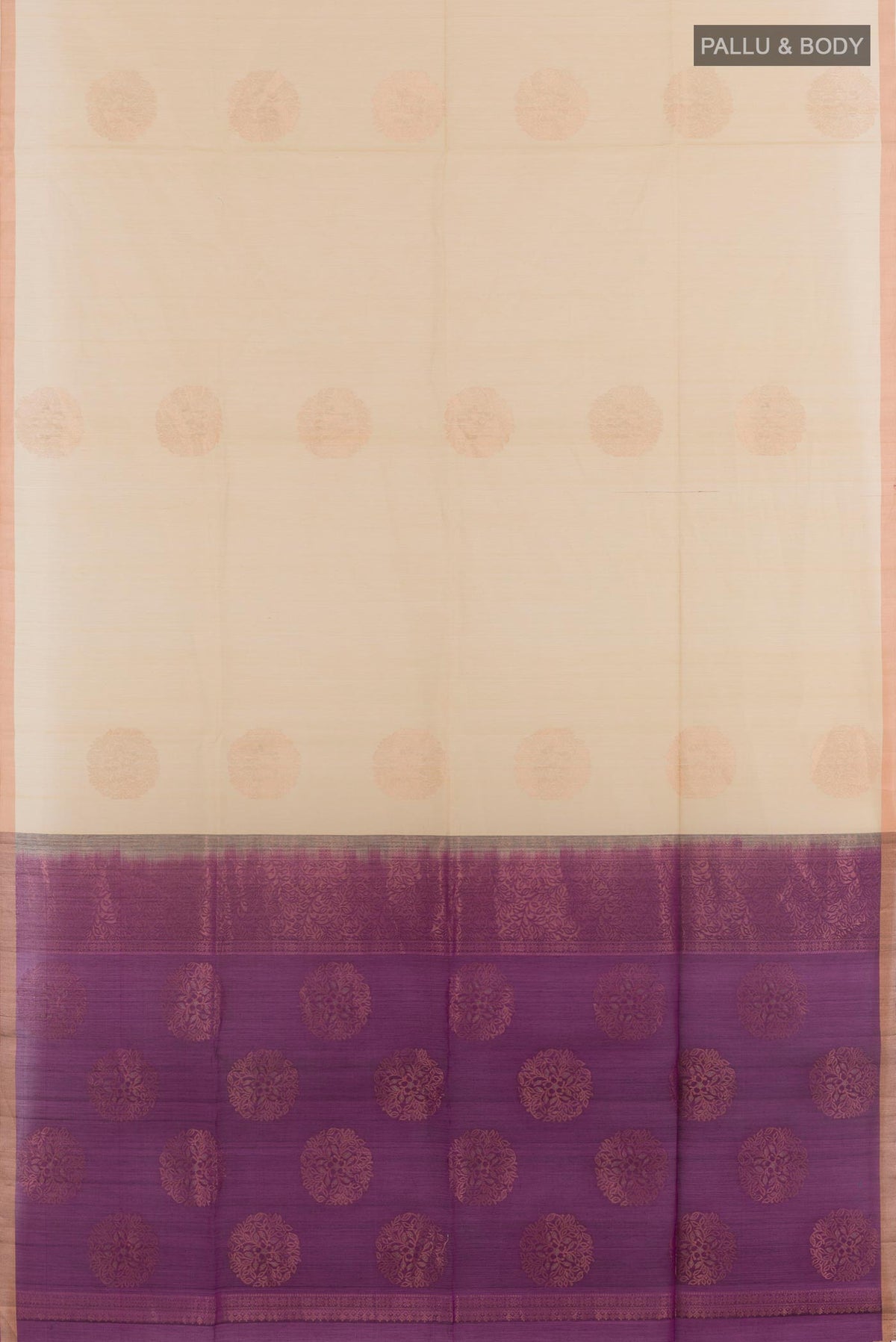 Flat view of Cream Blended Kora Cotton Saree with Zari Butta on the body and Zari Border. 