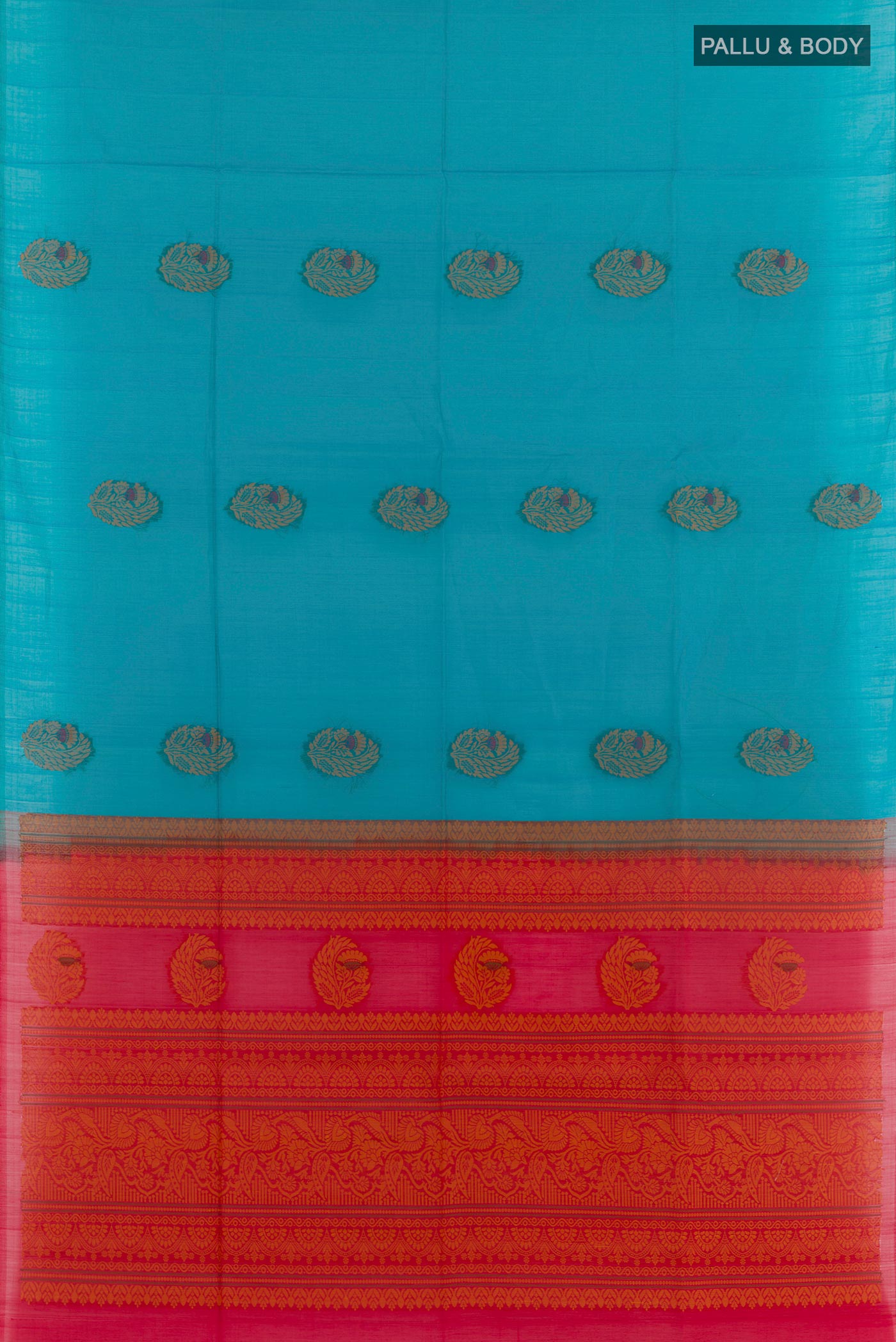 Flat view of Blue Blended Kora Cotton Saree with Zari Butta on the body and Zari Border. 