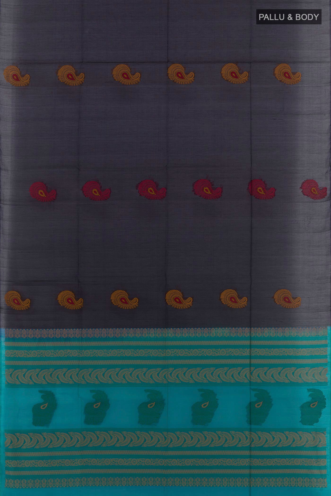 Flat view of Dark Blue Blended Kora Cotton Saree with Thread Butta on the body and Zari Border. 
