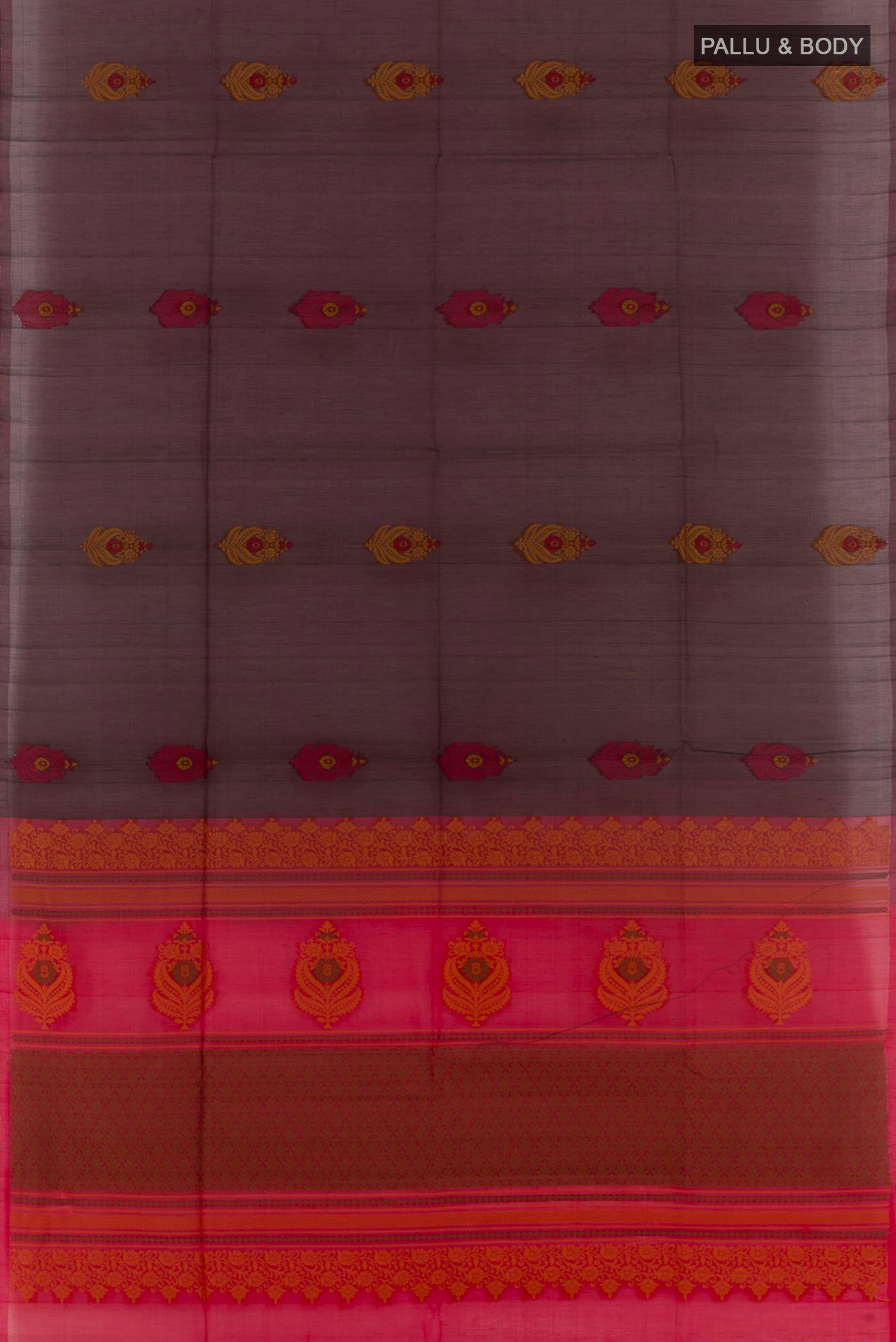 Flat view of Brown Blended Kora Cotton Saree with Thread Butta on the body and Zari Border. 