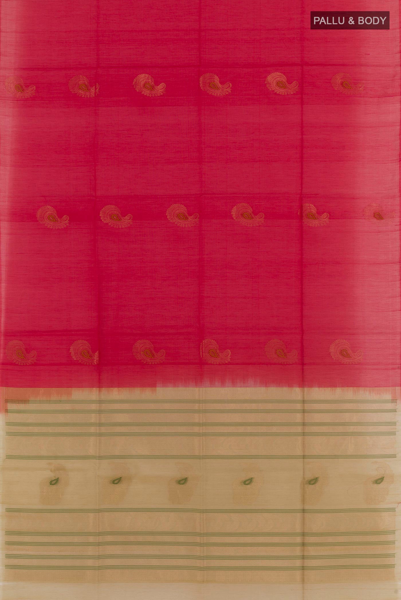 Flat view of Red Blended Kora Cotton Saree with Thread Butta on the body and Zari Border. 