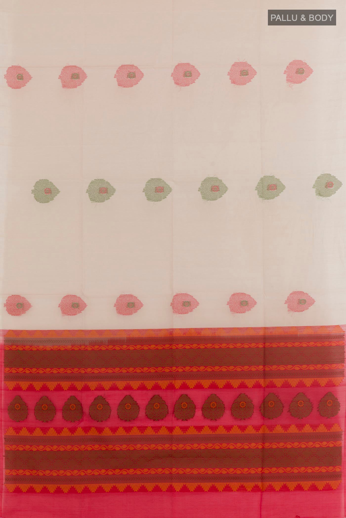 Flat view of Off White Blended Kora Cotton Saree with Zari Butta on the body and Zari Border. 