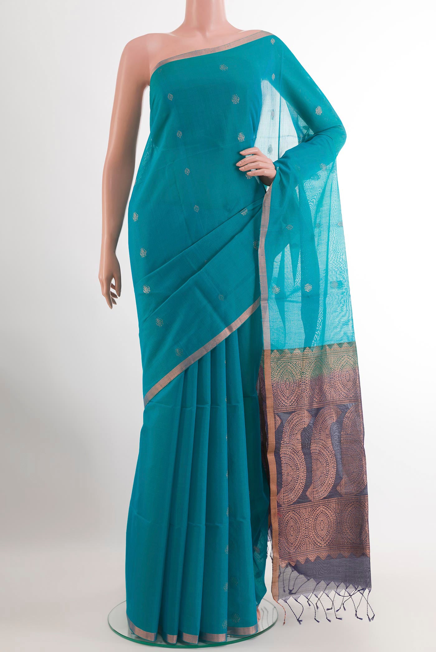 Blue Blended Kora Cotton Saree with Stripes on the body and Zari Border.  displayed on a mannequin