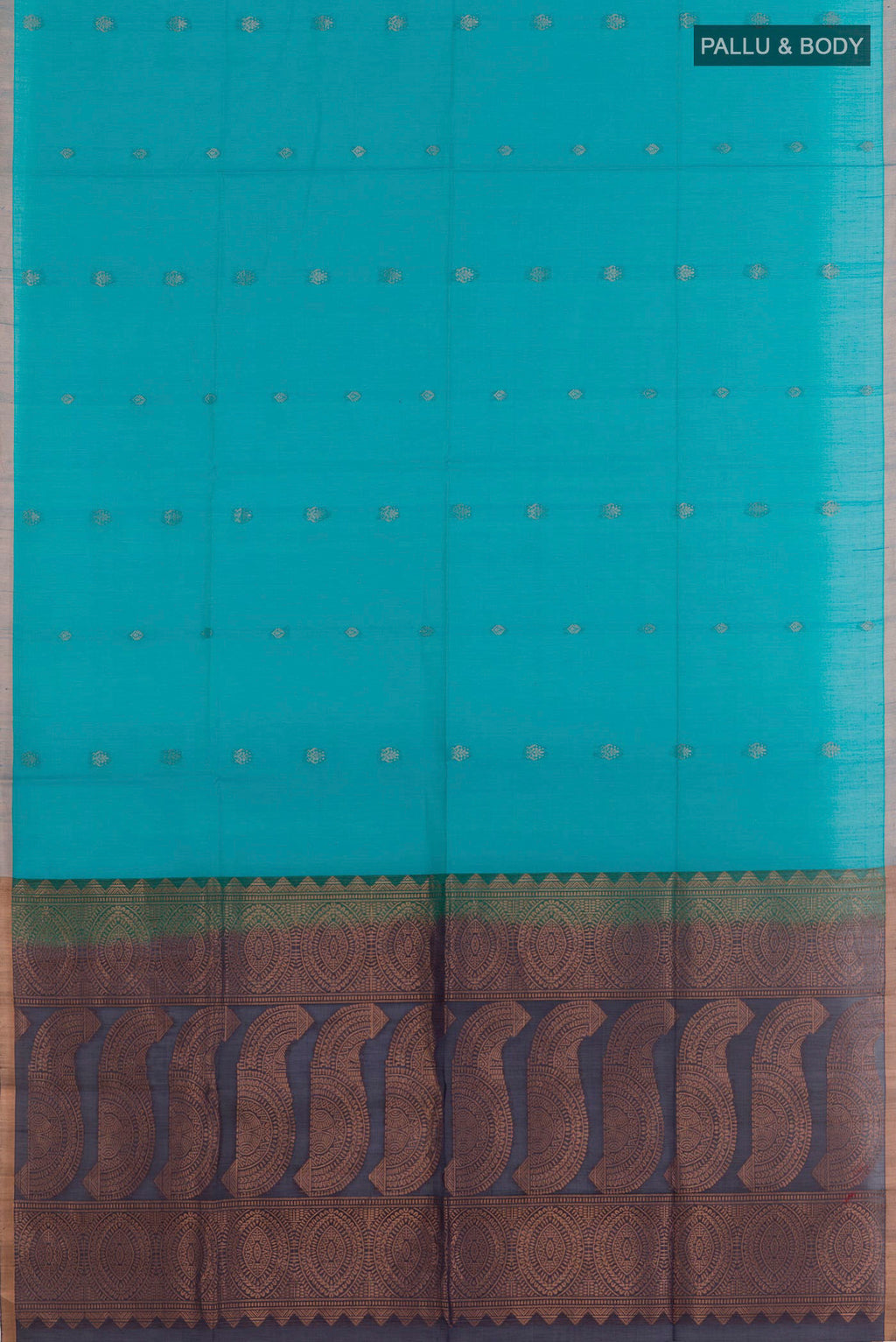 Flat view of Blue Blended Kora Cotton Saree with Stripes on the body and Zari Border. 