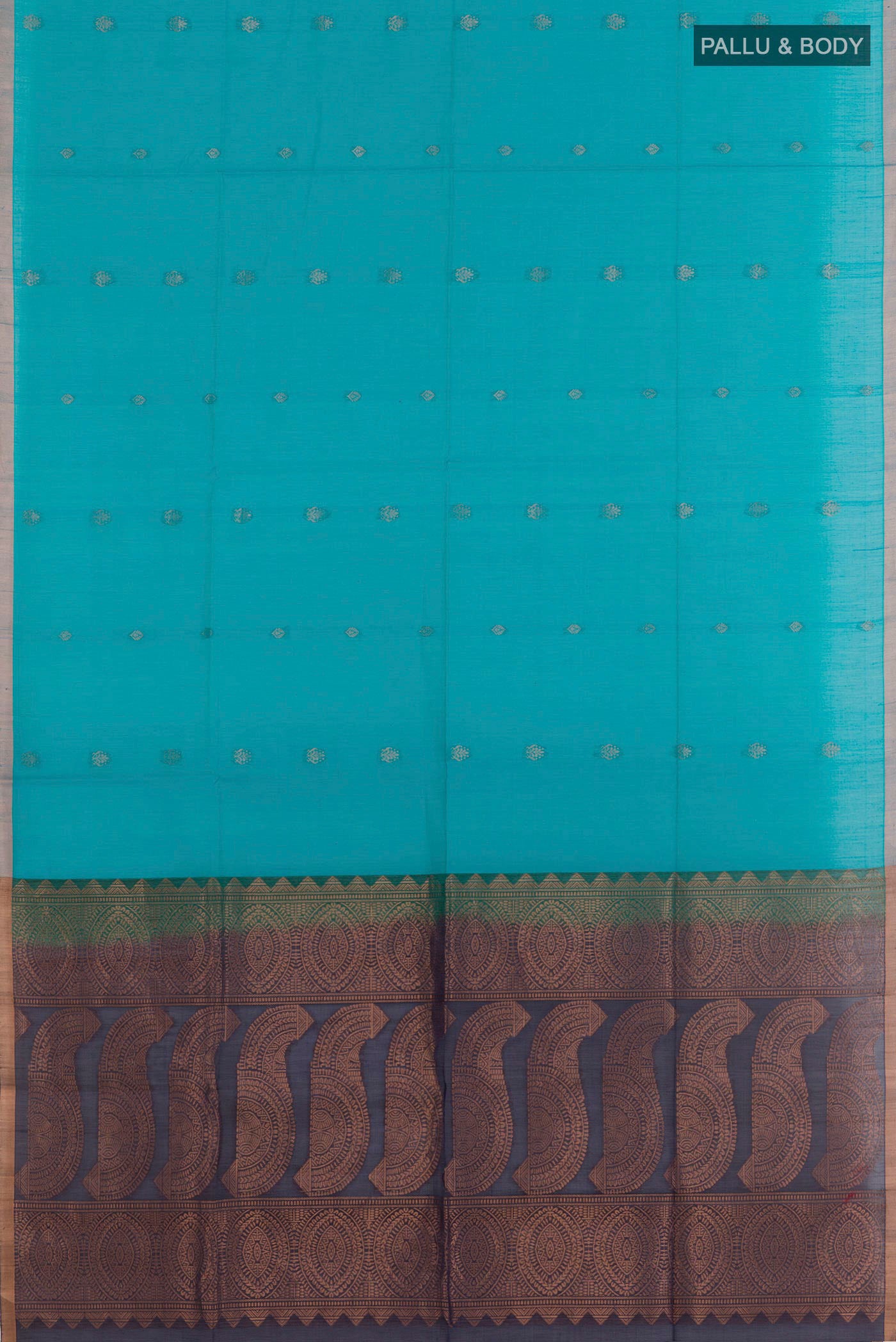 Flat view of Blue Blended Kora Cotton Saree with Stripes on the body and Zari Border. 