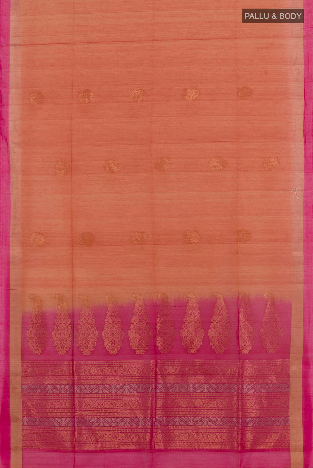 Flat view of Orange Blended Kora Cotton Saree with Zari Butta on the body and Zari Border. 