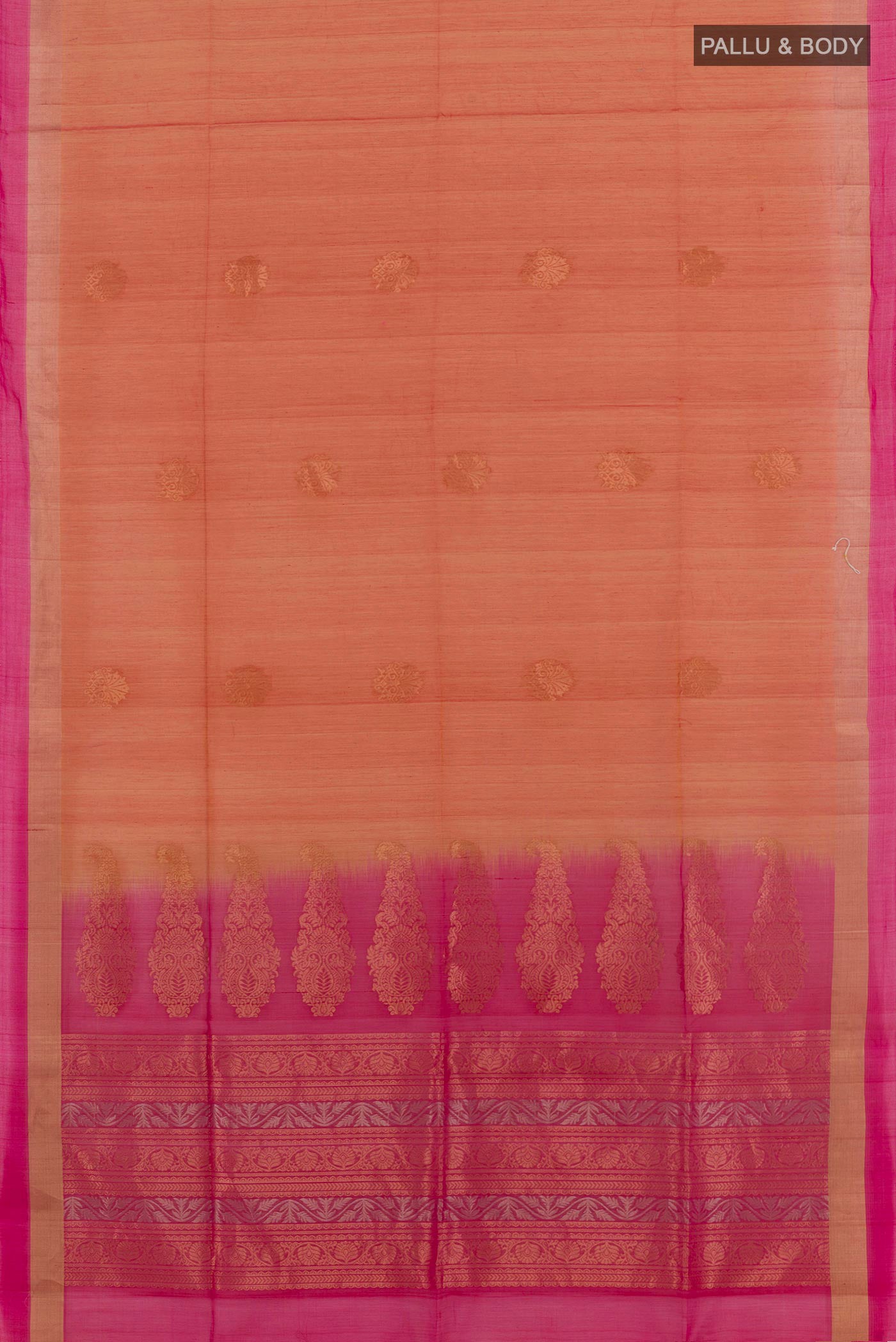 Flat view of Orange Blended Kora Cotton Saree with Zari Butta on the body and Zari Border. 