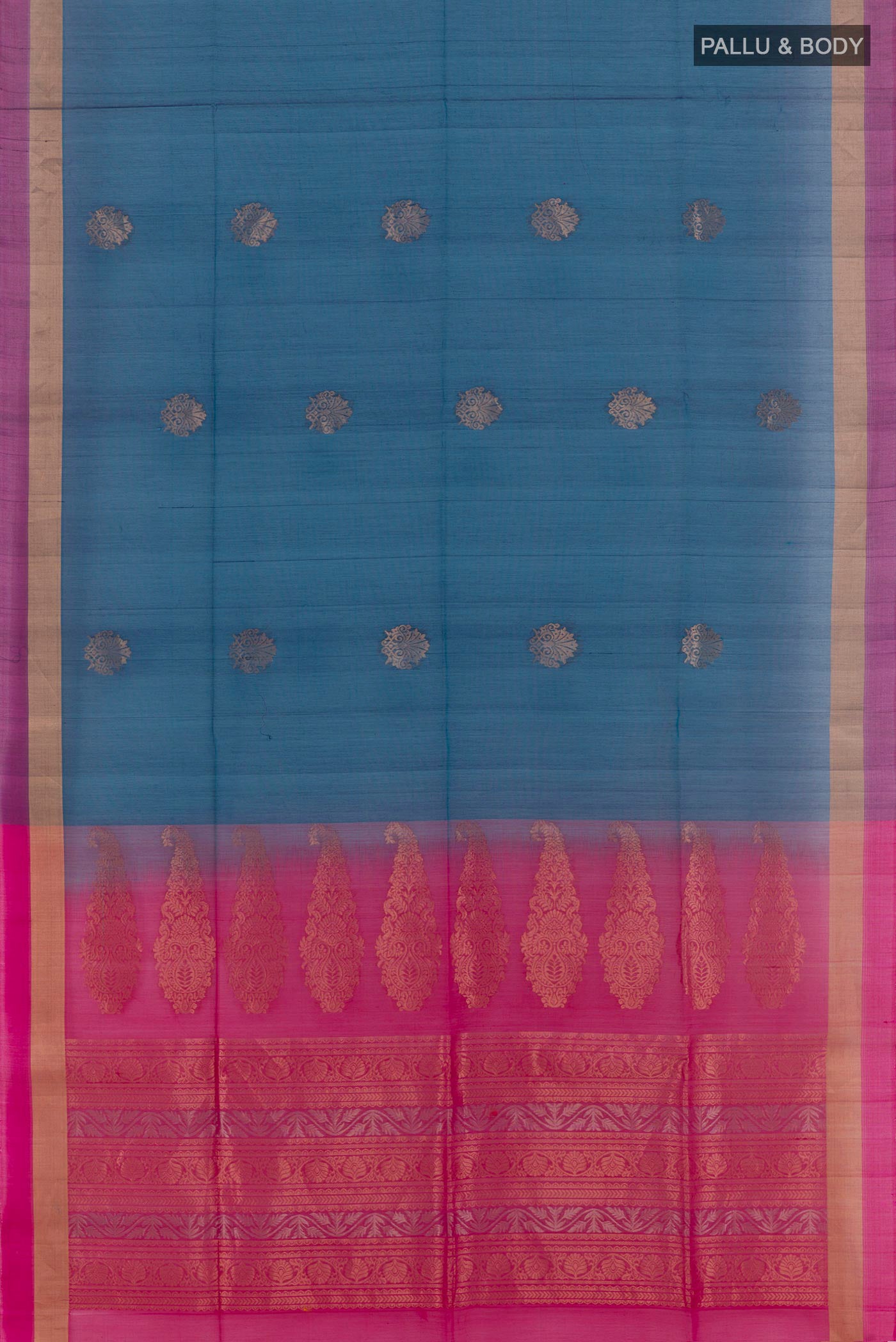 Flat view of Dark Blue Blended Kora Cotton Saree with Zari Butta on the body and Zari Border. 