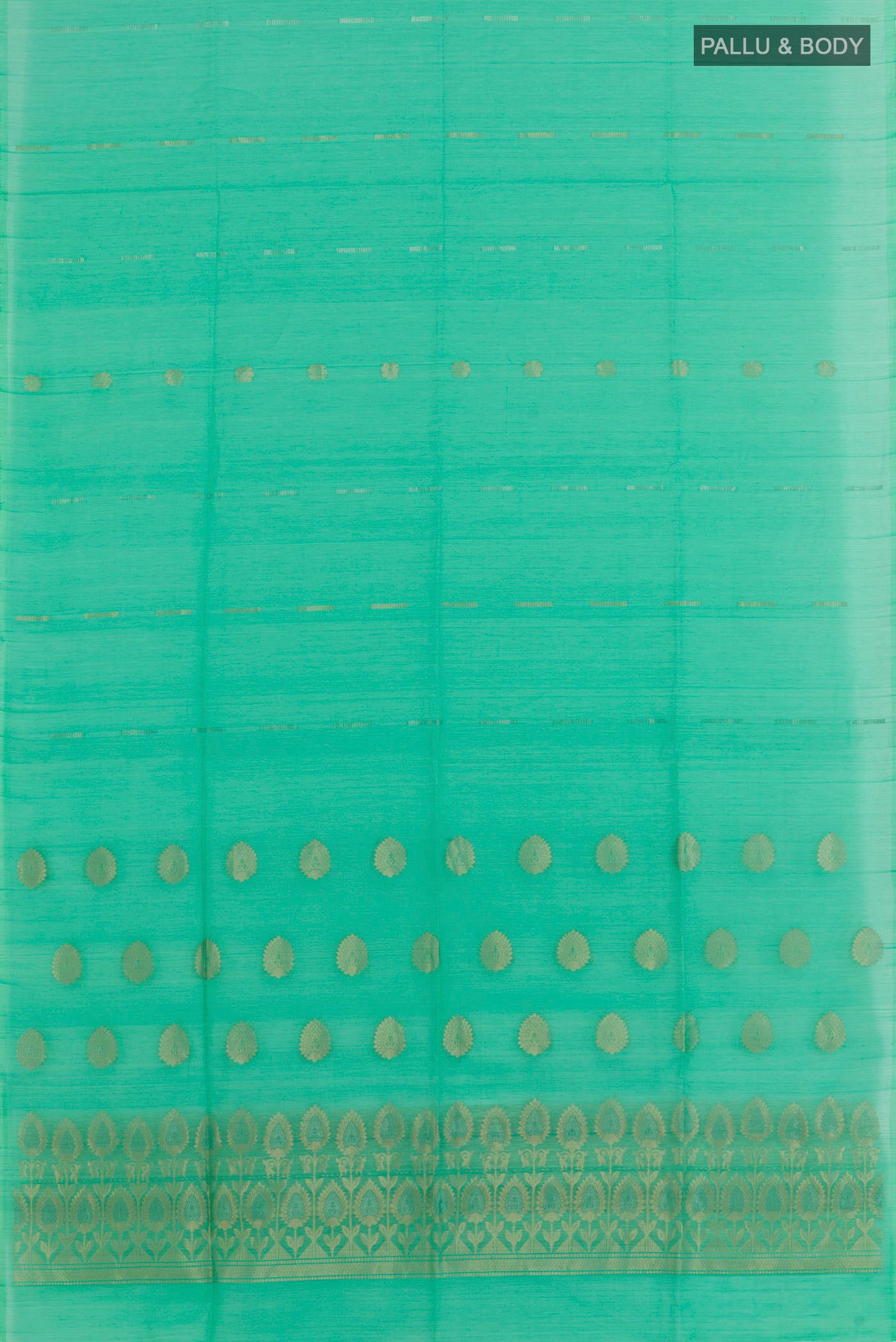 Flat view of Green Blended Kora Cotton Saree with Zari Butta on the body and Zari Border. 