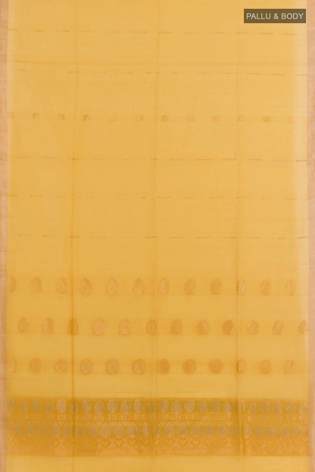Flat view of Yellow Blended Kora Cotton Saree with Zari Butta on the body and Zari Border. 
