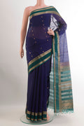 Dark Blue Blended Kora Cotton Saree with Zari Butta on the body and Zari Border.  displayed on a mannequin