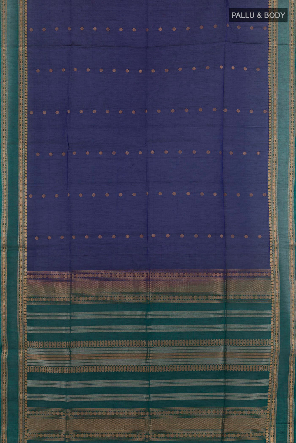 Flat view of Dark Blue Blended Kora Cotton Saree with Zari Butta on the body and Zari Border. 
