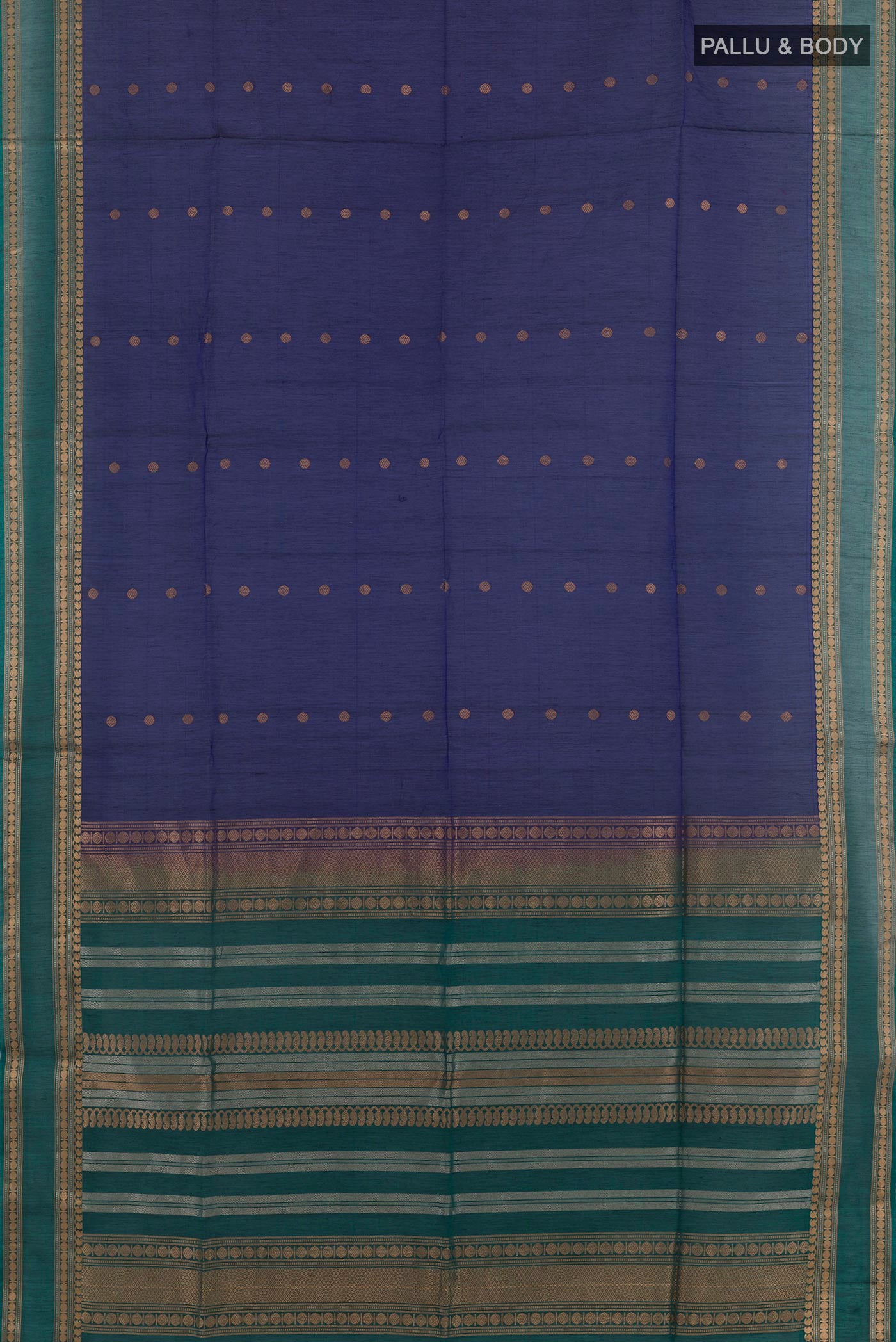 Flat view of Dark Blue Blended Kora Cotton Saree with Zari Butta on the body and Zari Border. 