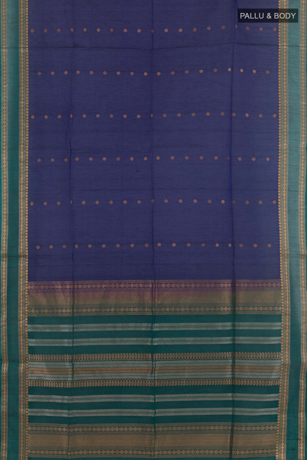 Flat view of Dark Blue Blended Kora Cotton Saree with Zari Butta on the body and Zari Border. 