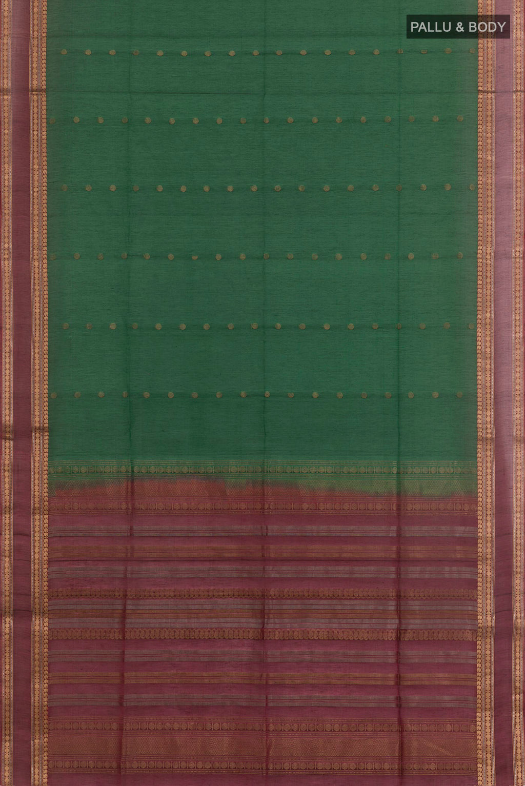 Flat view of Green Kora Cotton Saree with Zari Butta on the body and Zari Border. 