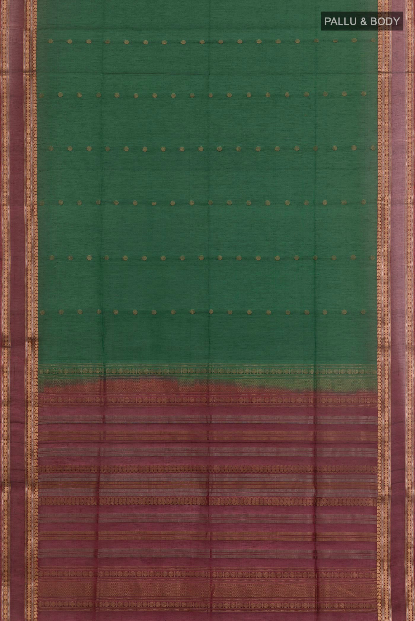 Flat view of Green Kora Cotton Saree with Zari Butta on the body and Zari Border. 