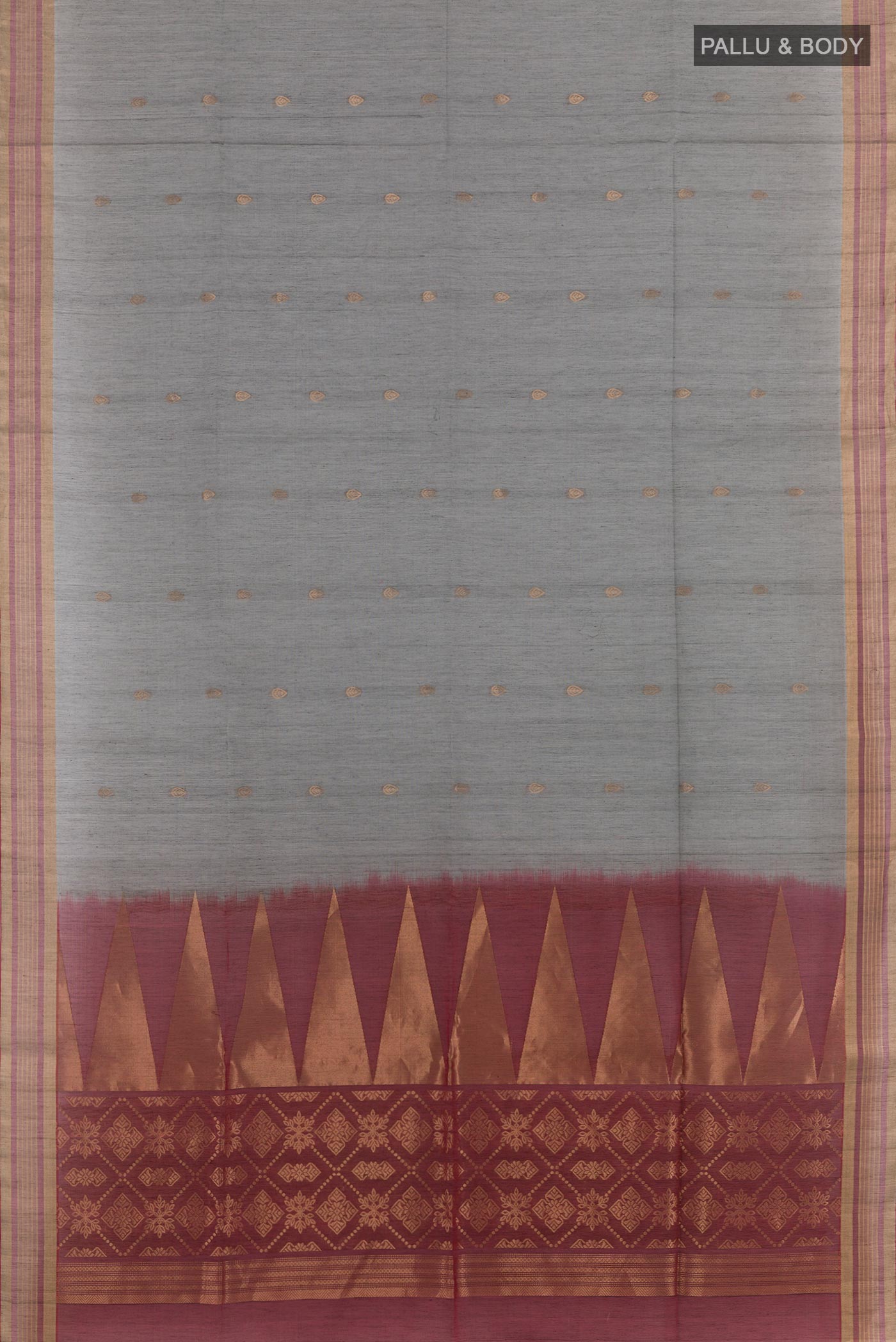 Flat view of Grey Blended Kora Cotton Saree with Zari Butta on the body and Zari Border. 