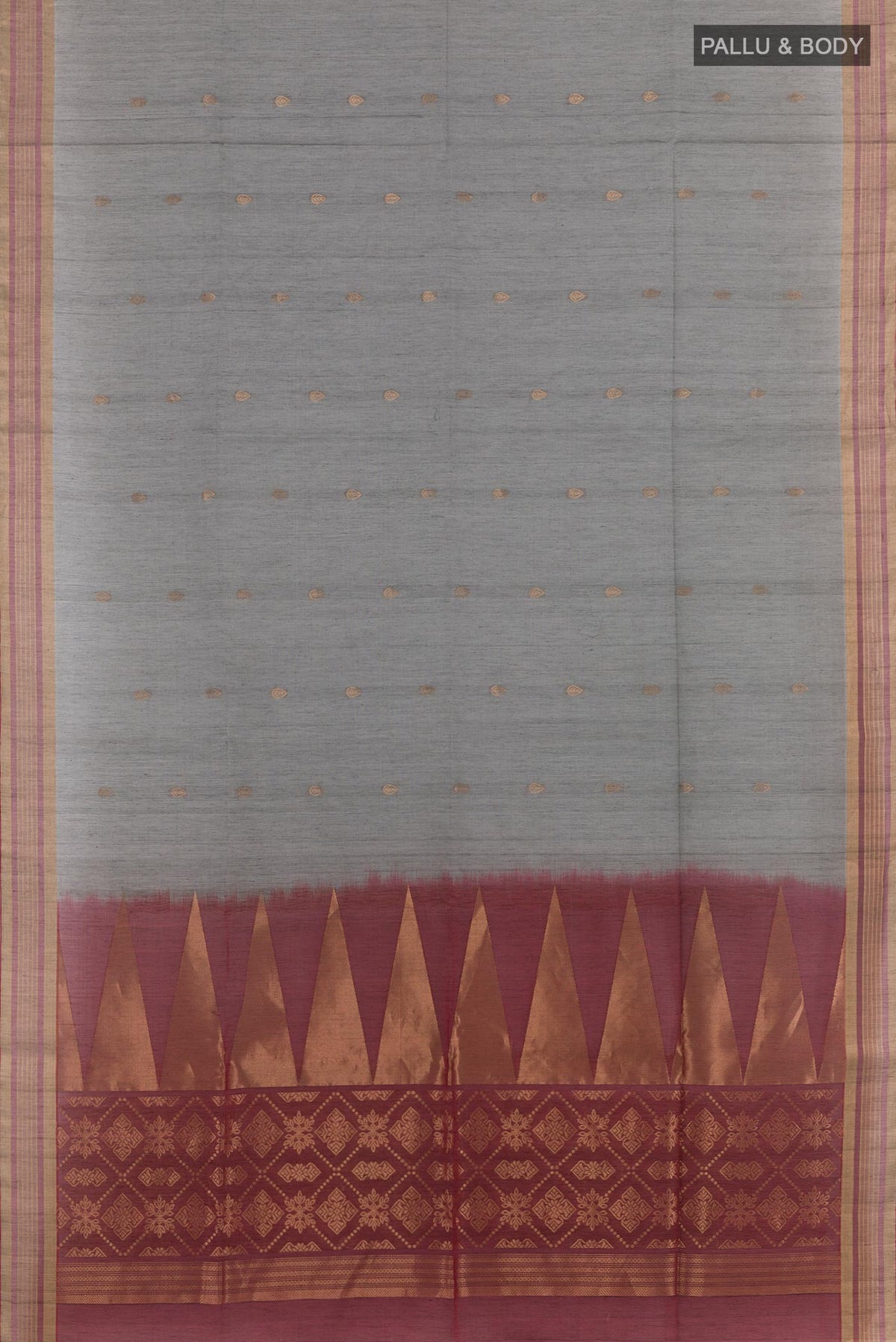 Flat view of Grey Blended Kora Cotton Saree with Zari Butta on the body and Zari Border. 
