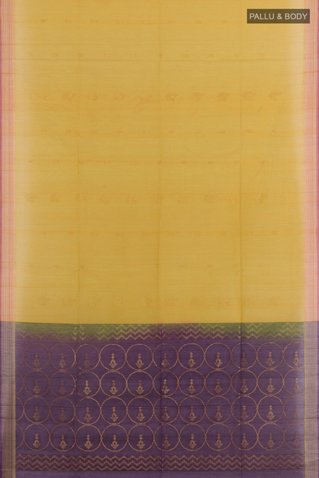 Flat view of Yellow Blended Kora Cotton Saree with Zari Butta on the body and Zari Border. 