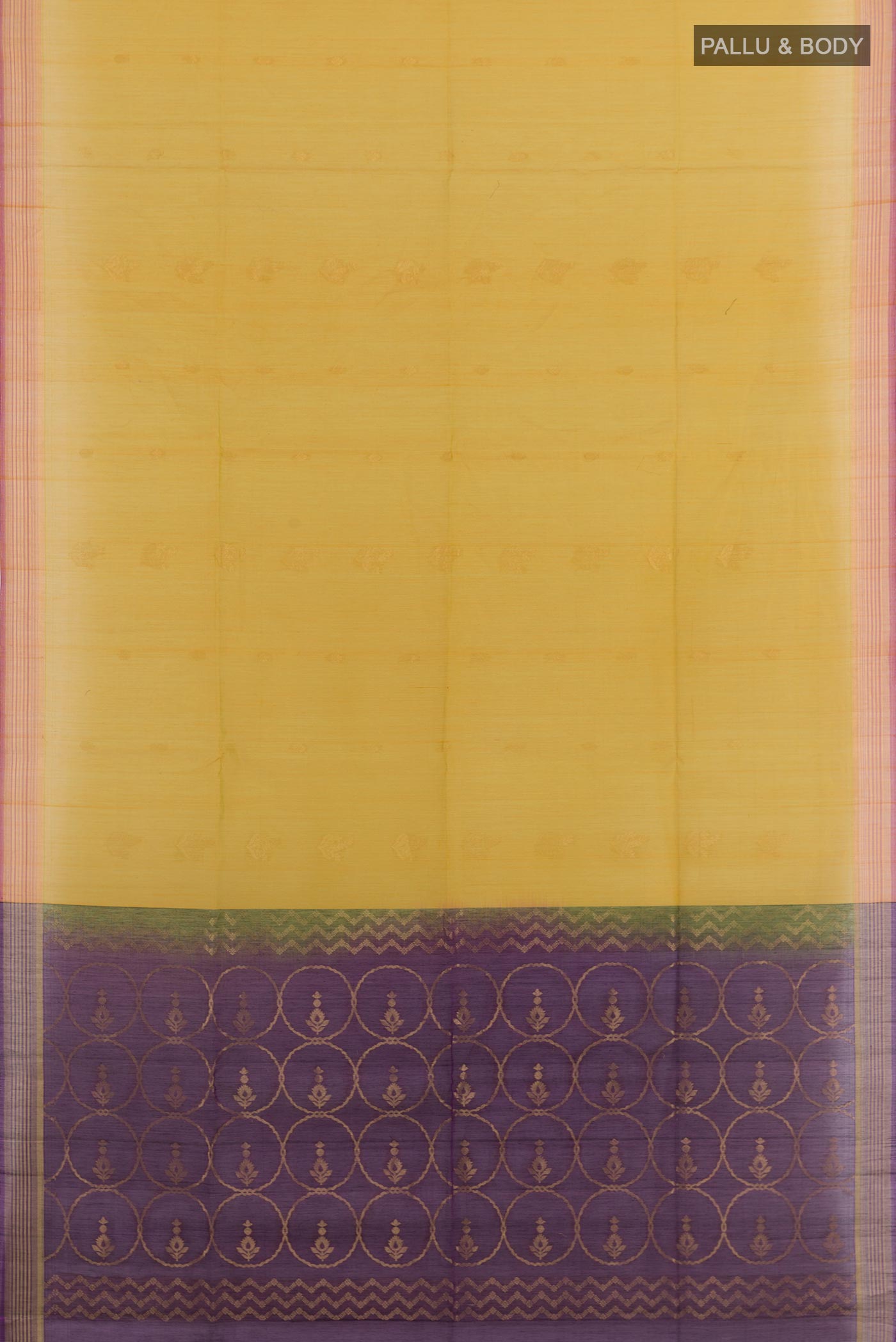 Flat view of Yellow Blended Kora Cotton Saree with Zari Butta on the body and Zari Border. 