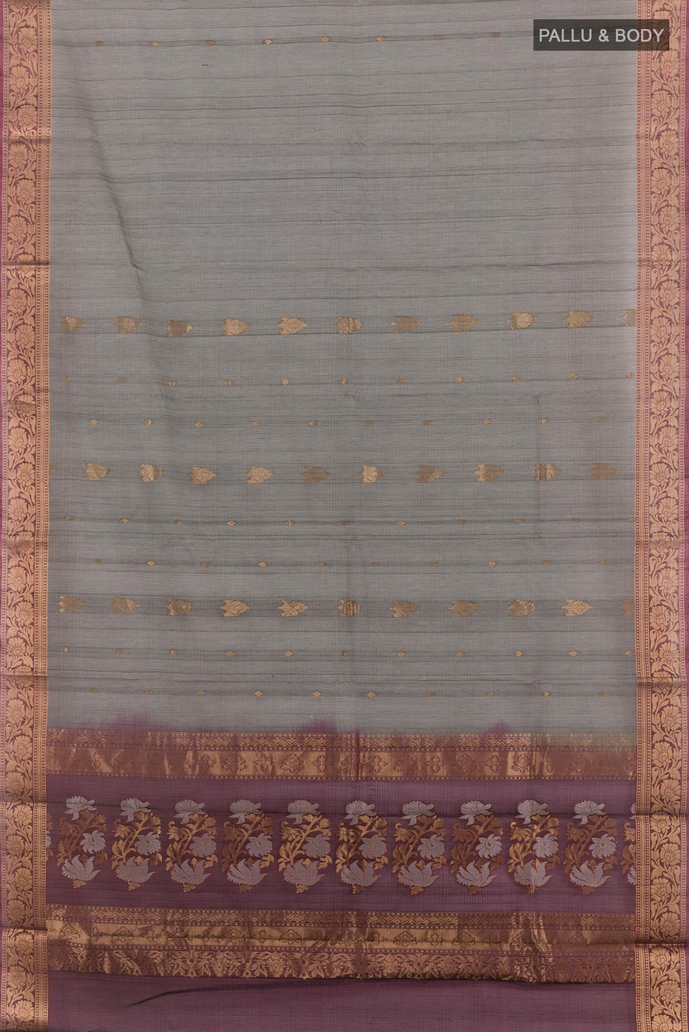 Flat view of Grey Blended Kora Cotton Saree with Zari Butta on the body and Plain Border. 
