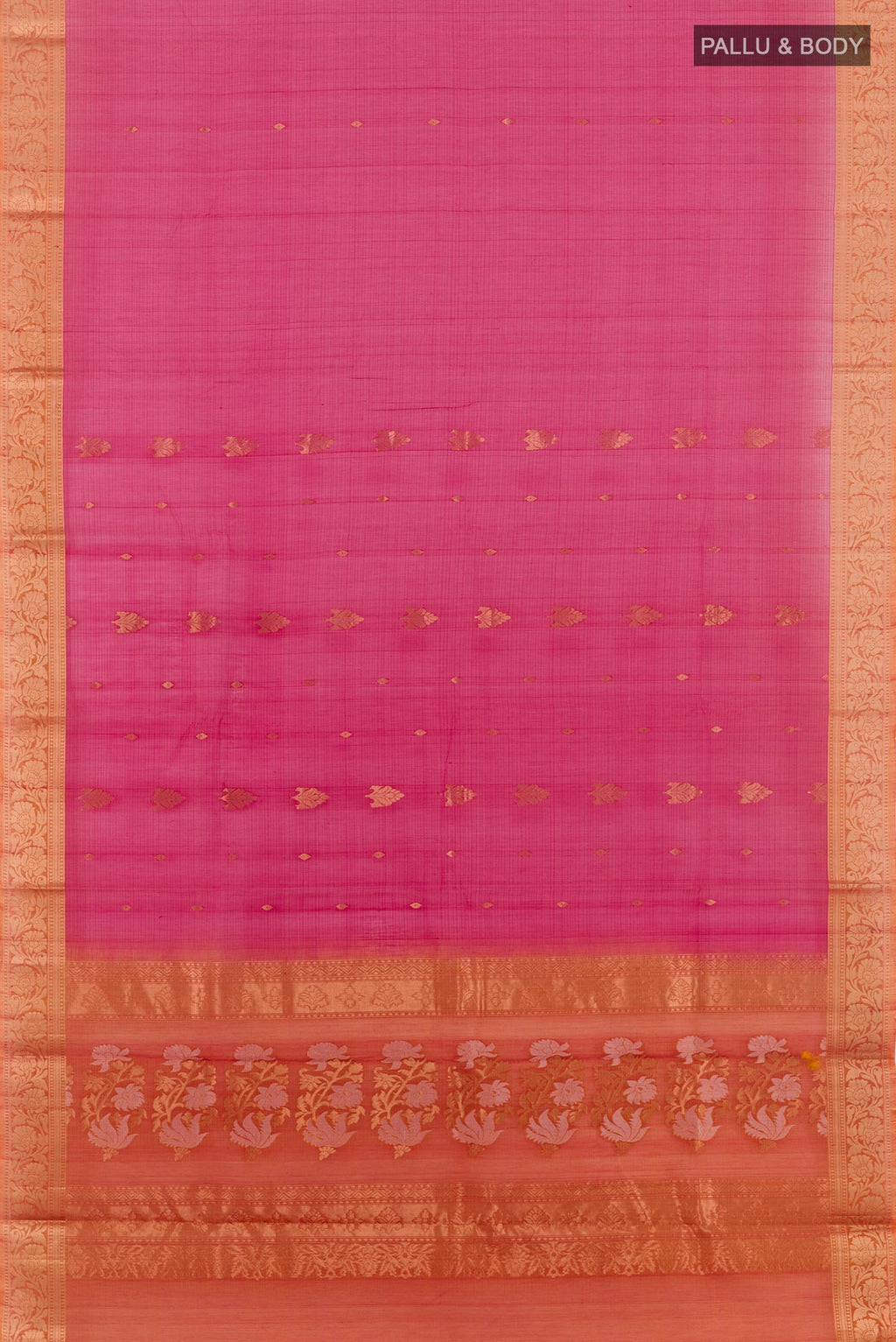 Flat view of Pink Blended Kora Cotton Saree with Zari Butta on the body and Plain Border. 