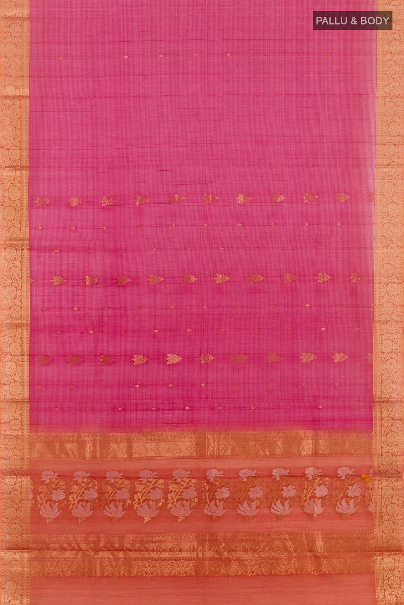 Flat view of Pink Blended Kora Cotton Saree with Zari Butta on the body and Plain Border. 